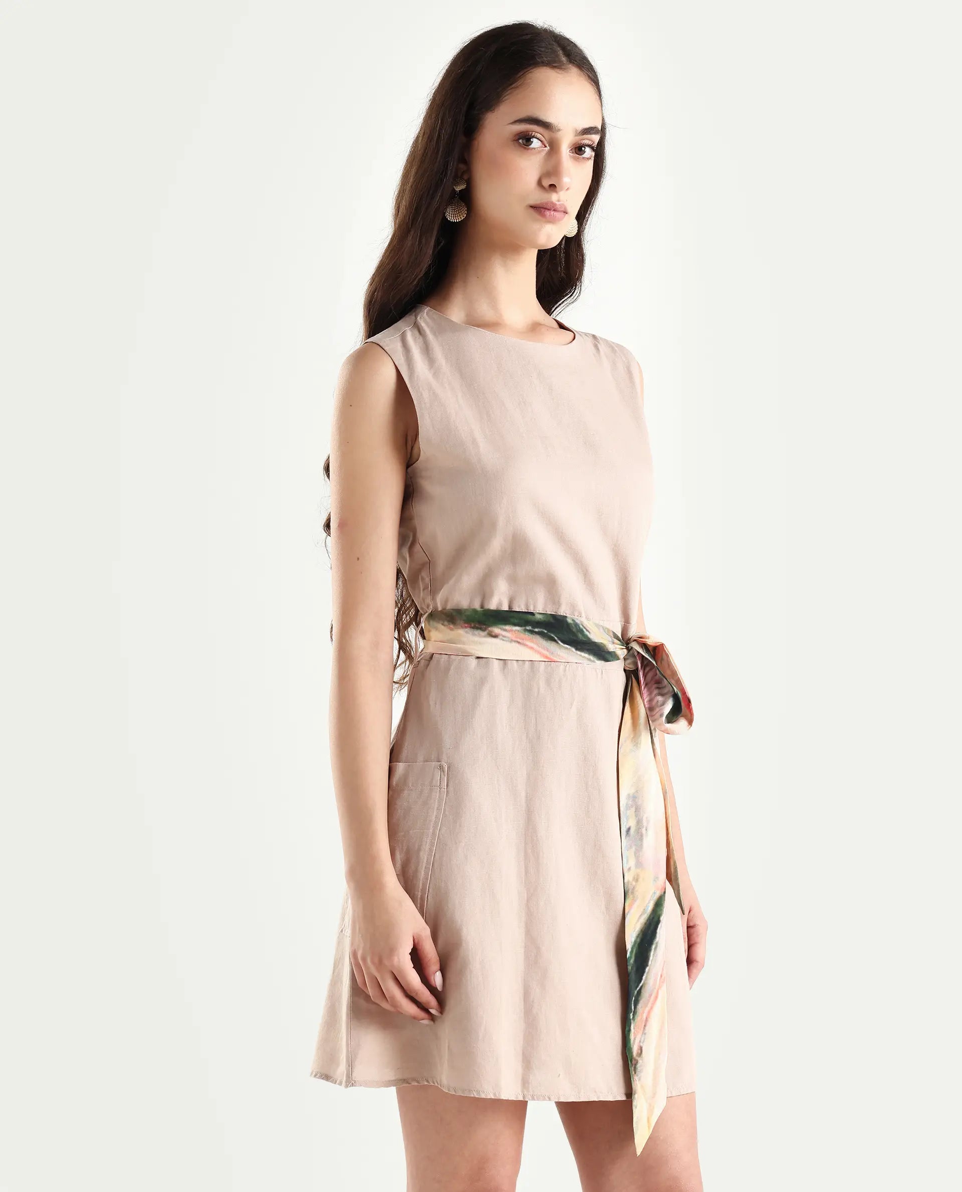 Rareism Women's Felix Light Beige Linen Blend Crew Neck Plain Sleeveless Mini A-Line Dress