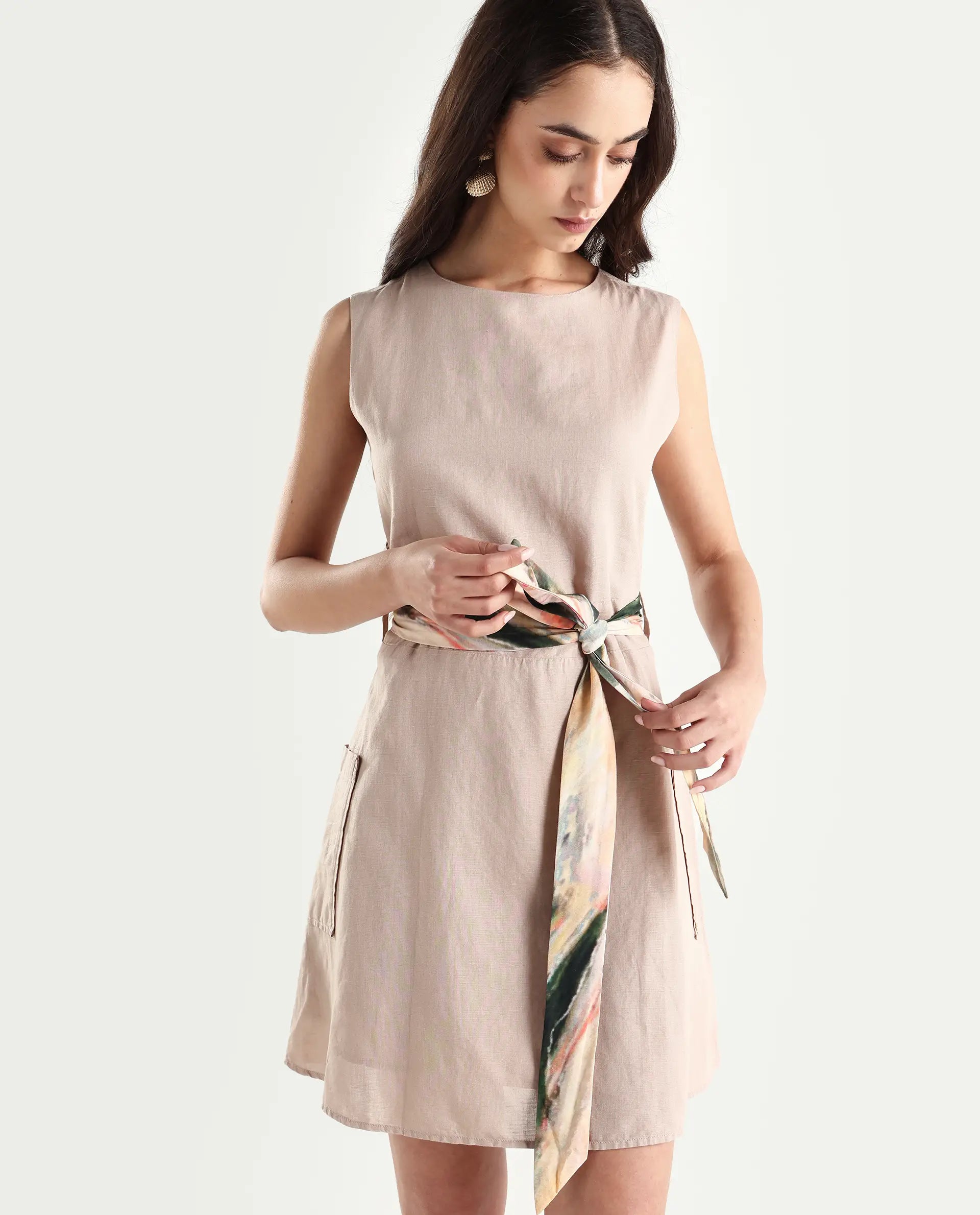 Rareism Women's Felix Light Beige Linen Blend Crew Neck Plain Sleeveless Mini A-Line Dress