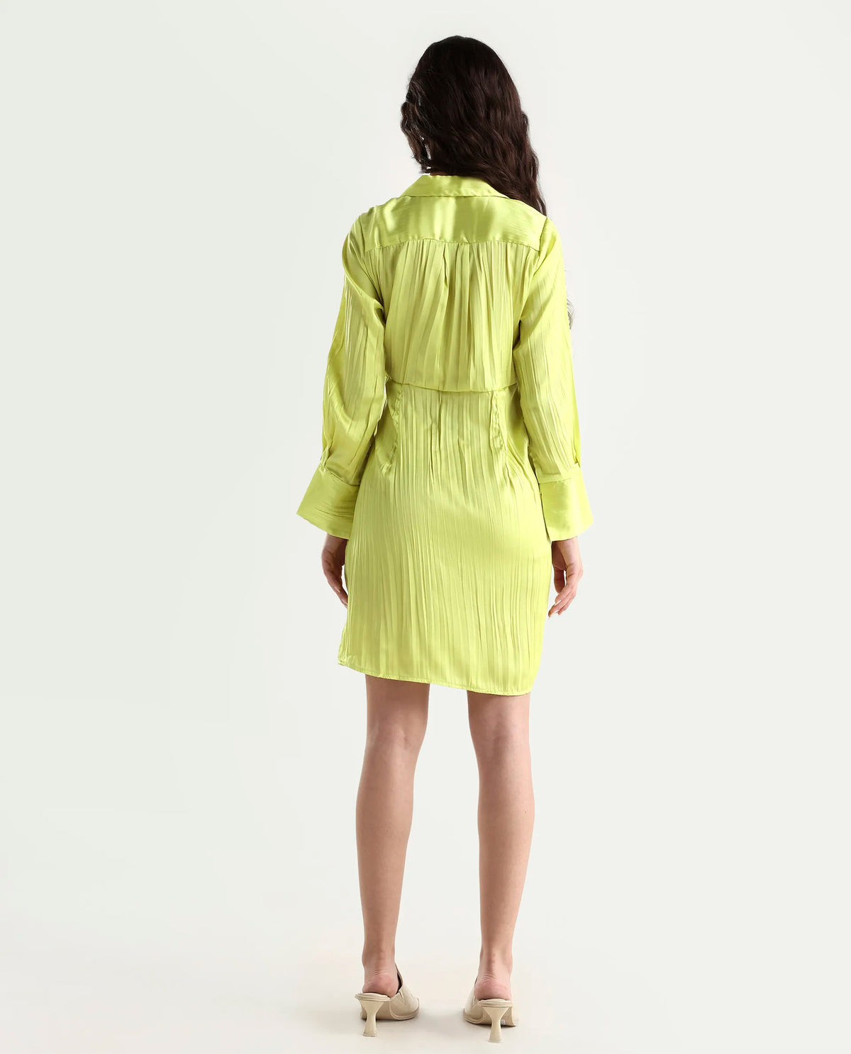 Rareism Women's Ladimir Flouroscent Green Polyester Blend Spread Collar Plain Cuffed Sleeve Mini Wrap Dress