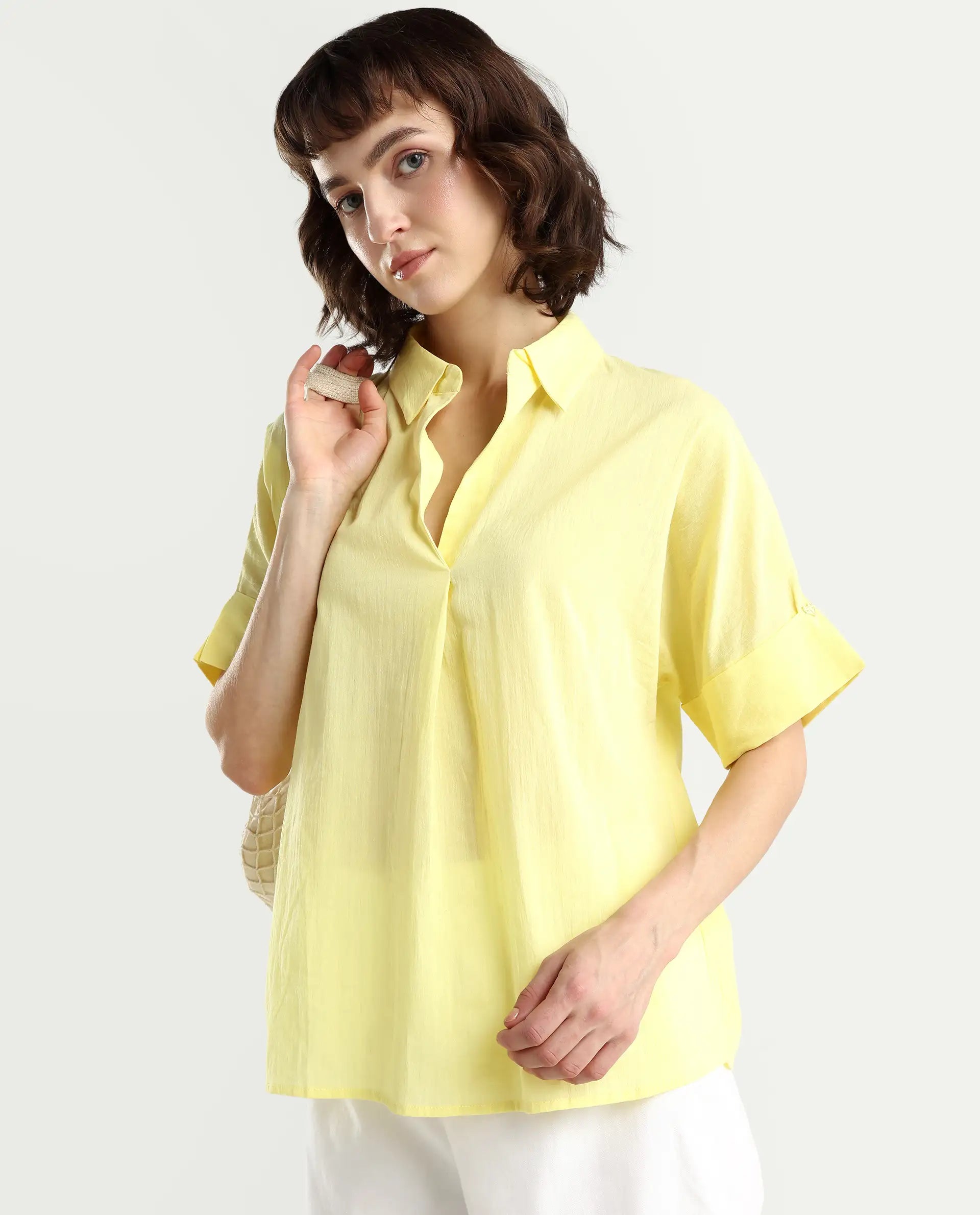 Rareism Women's Azzure Yellow Cotton Drop Collar Plain Extended Sleeves Boxy Fit Top
