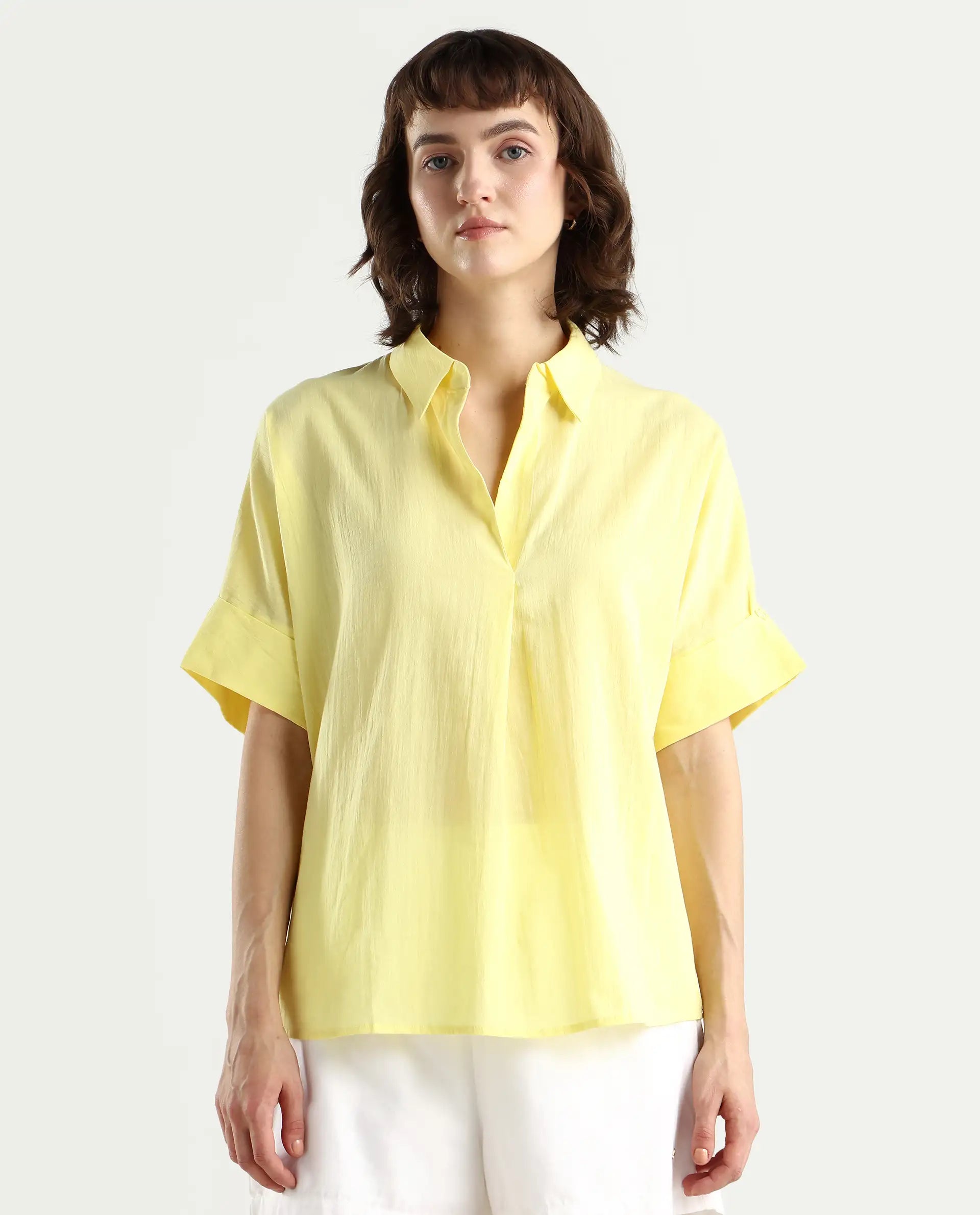 Rareism Women's Azzure Yellow Cotton Drop Collar Plain Extended Sleeves Boxy Fit Top