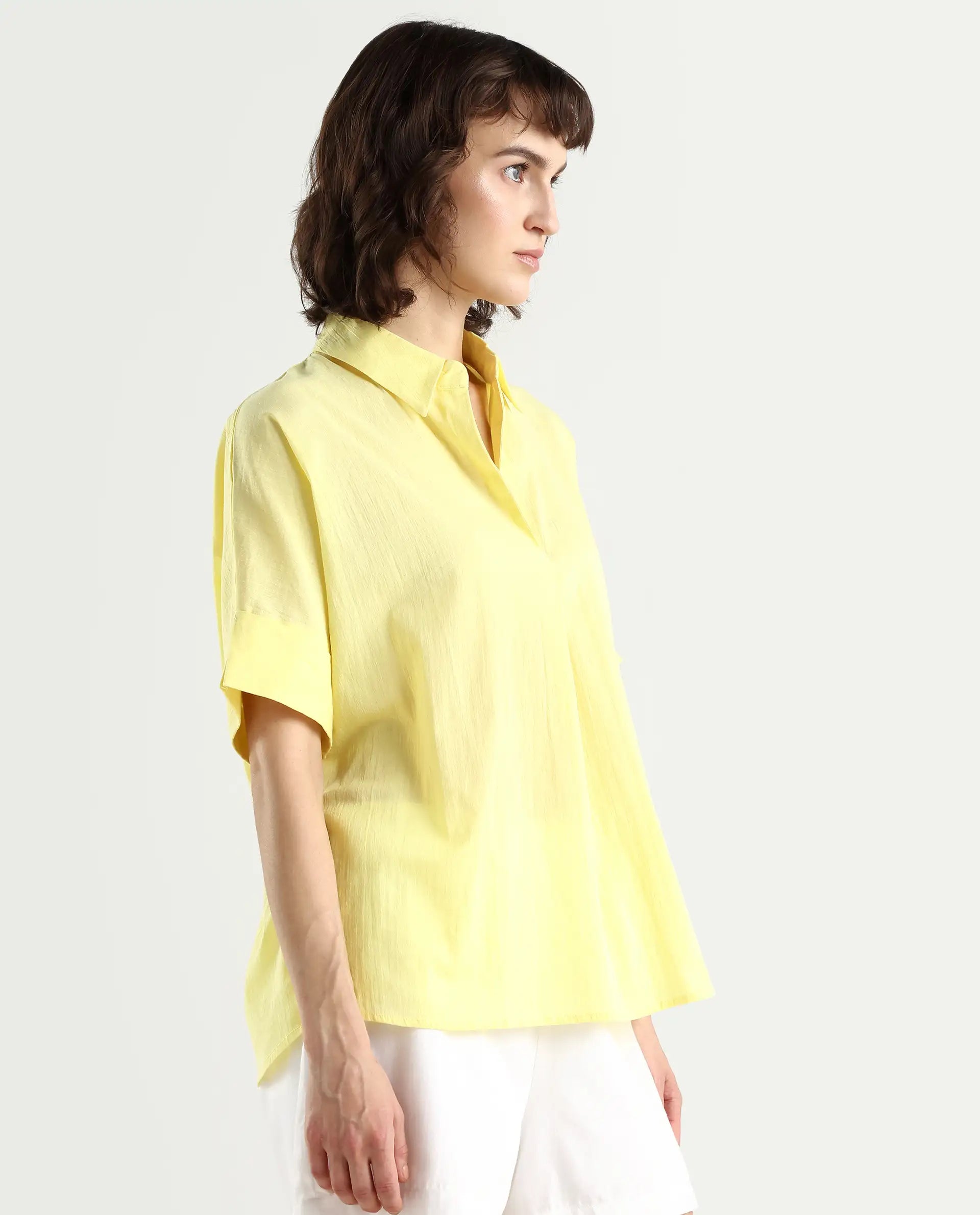 Rareism Women's Azzure Yellow Cotton Drop Collar Plain Extended Sleeves Boxy Fit Top