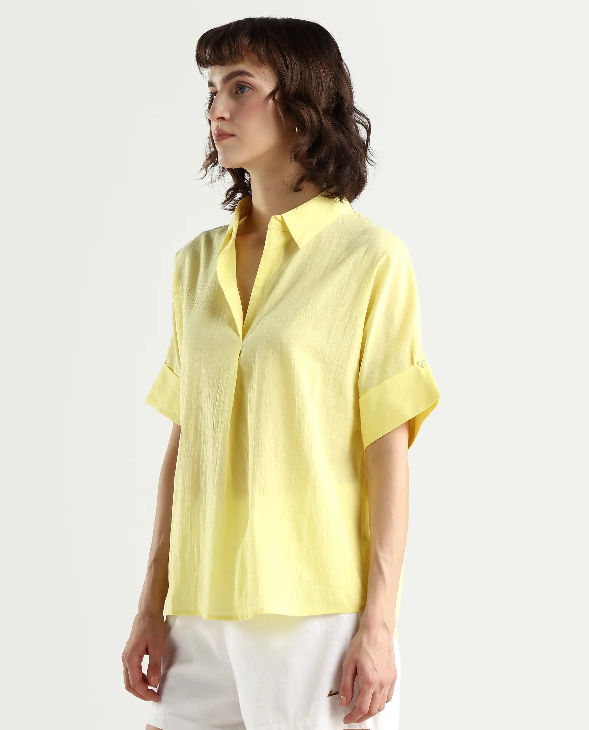 Rareism Women's Azzure Yellow Cotton Drop Collar Plain Extended Sleeves Boxy Fit Top