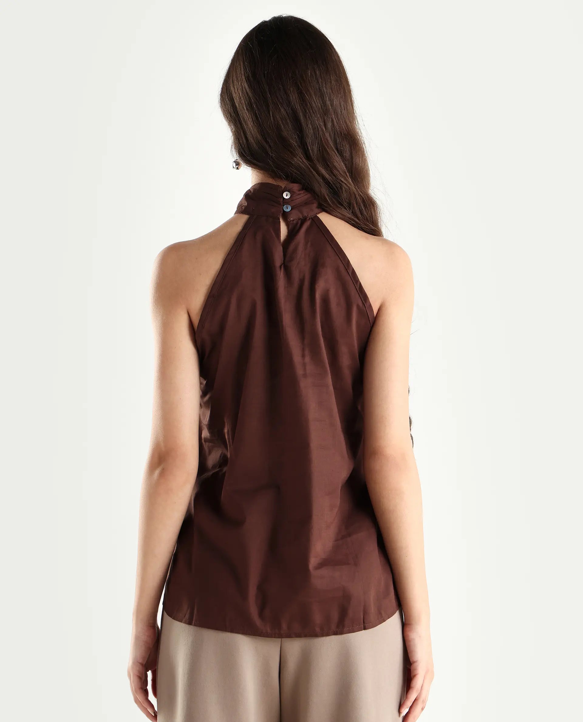 Rareism Women's Kirara Brown Halter Neck Plain Sleeveless Regular Fit Top