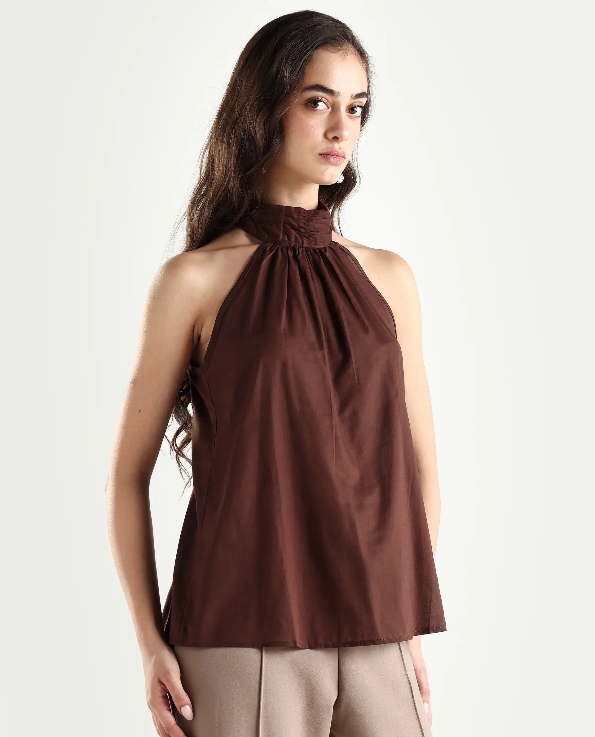 Rareism Women's Kirara Brown Halter Neck Plain Sleeveless Regular Fit Top
