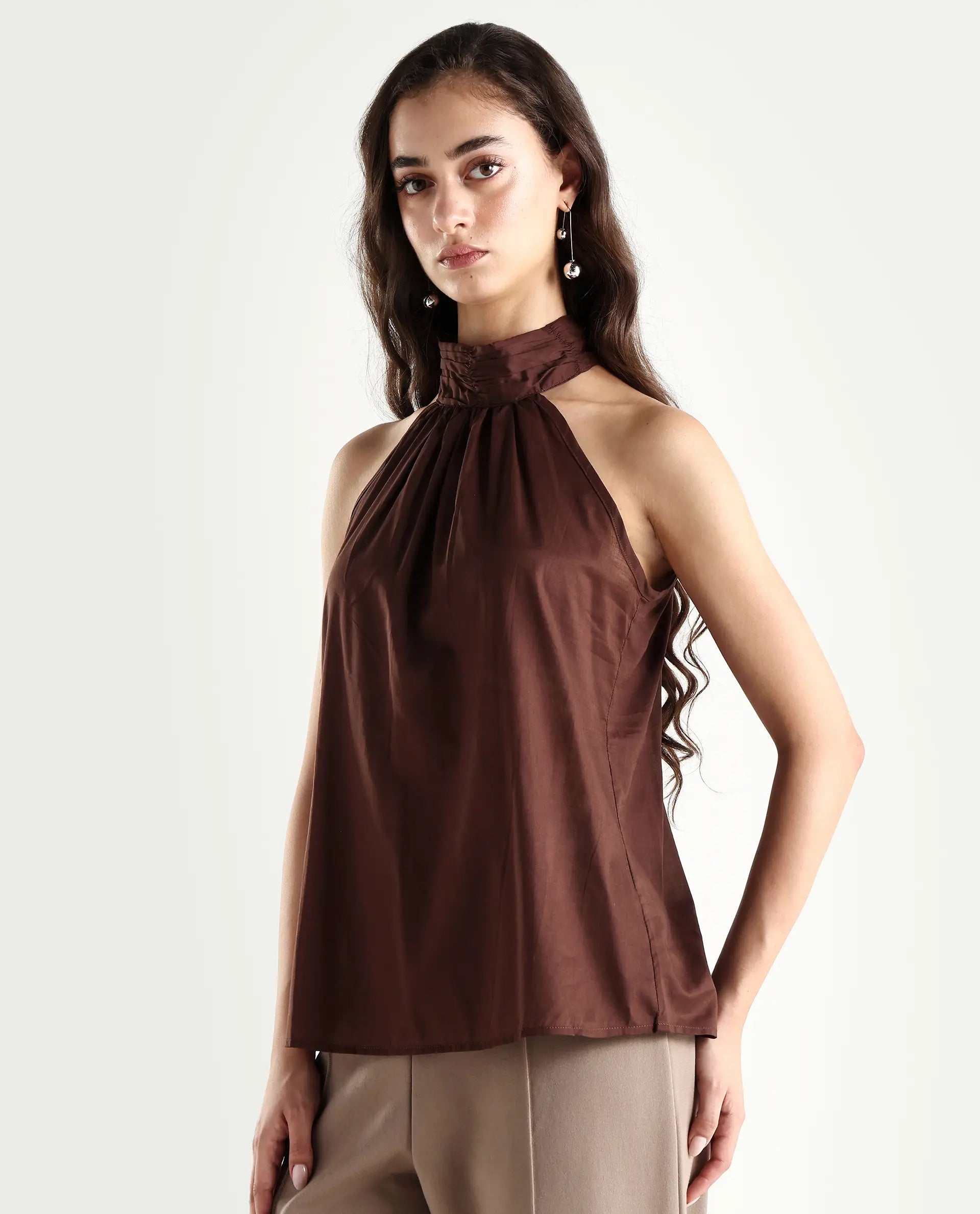 Rareism Women's Kirara Brown Halter Neck Plain Sleeveless Regular Fit Top