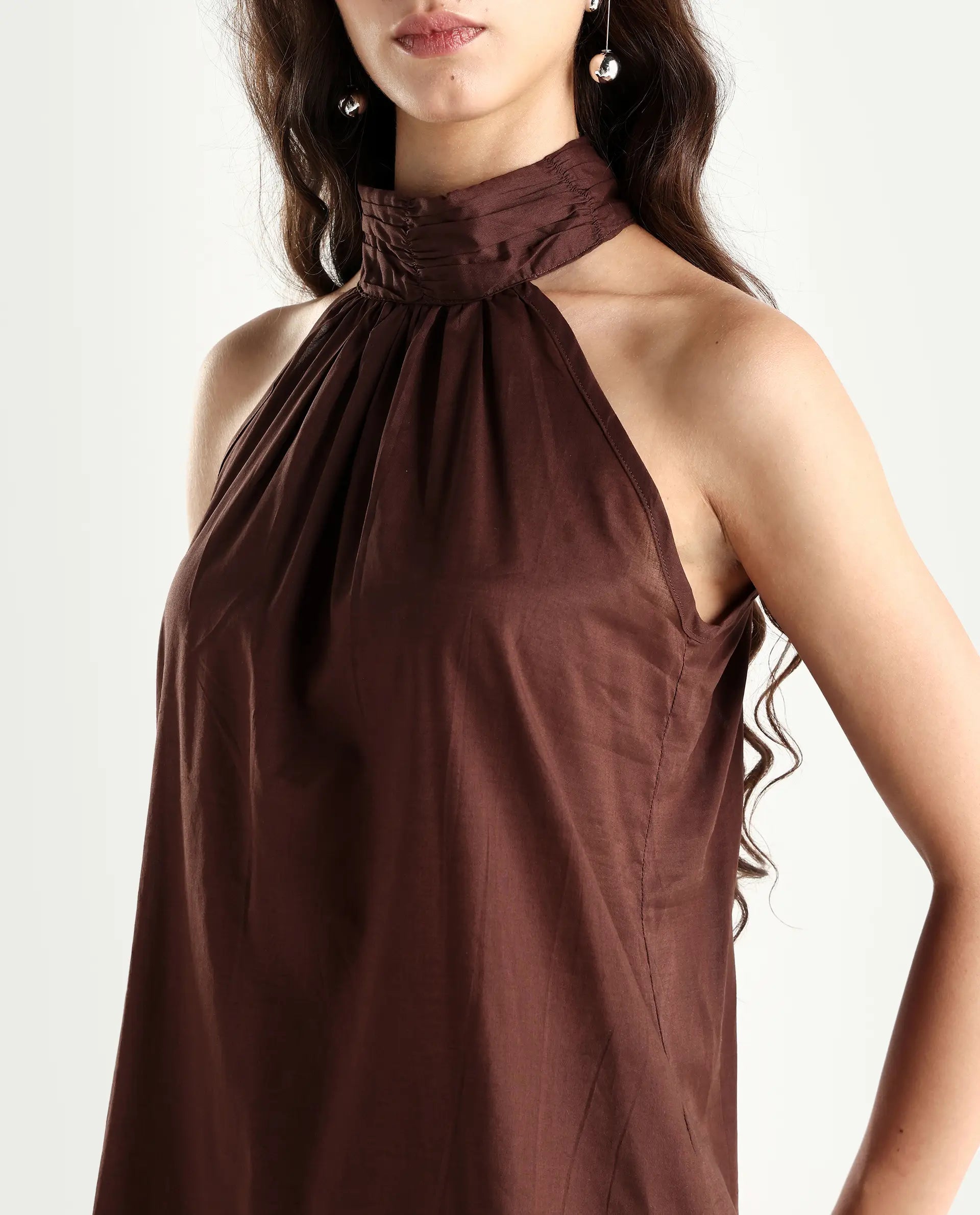 Rareism Women's Kirara Brown Halter Neck Plain Sleeveless Regular Fit Top