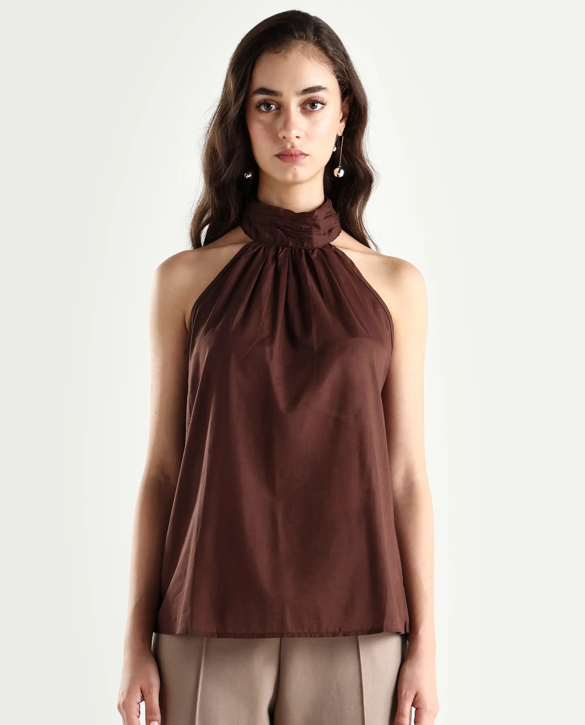 Rareism Women's Kirara Brown Halter Neck Plain Sleeveless Regular Fit Top