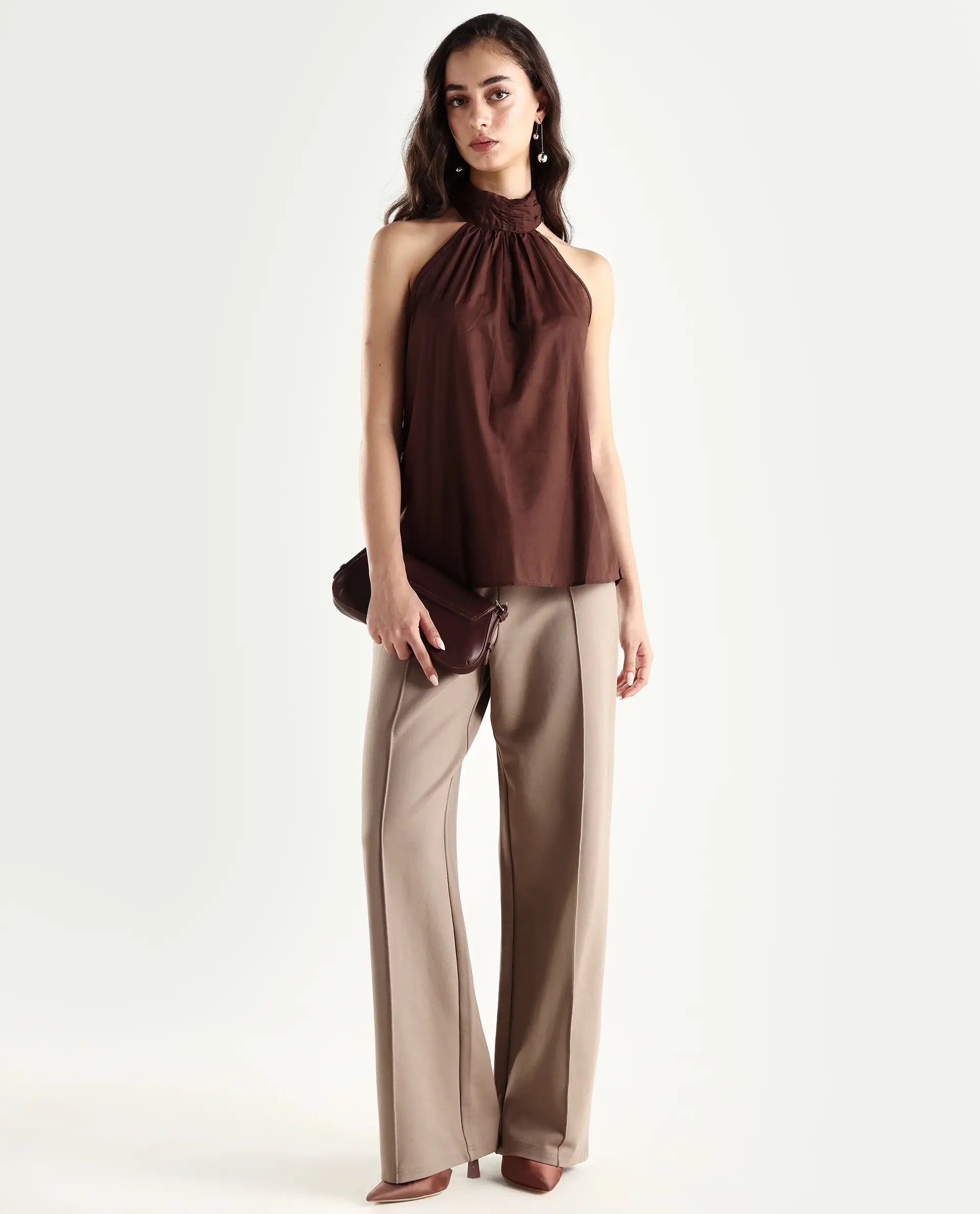 Rareism Women's Kirara Brown Halter Neck Plain Sleeveless Regular Fit Top