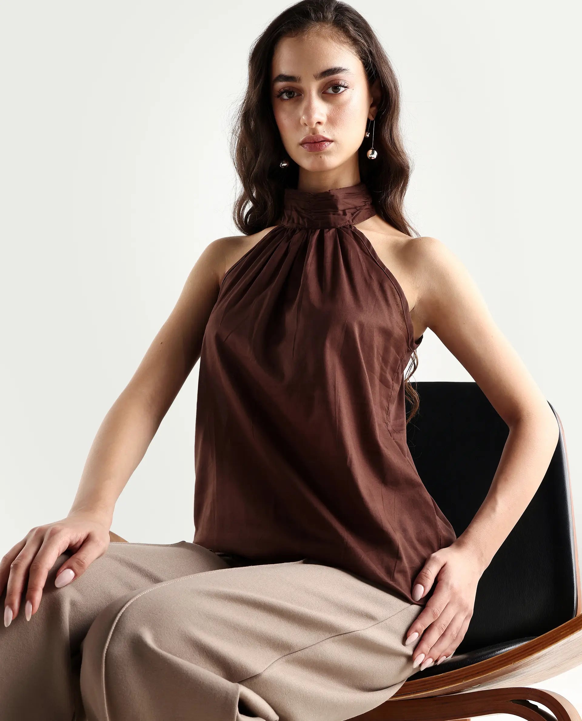 Rareism Women's Kirara Brown Halter Neck Plain Sleeveless Regular Fit Top