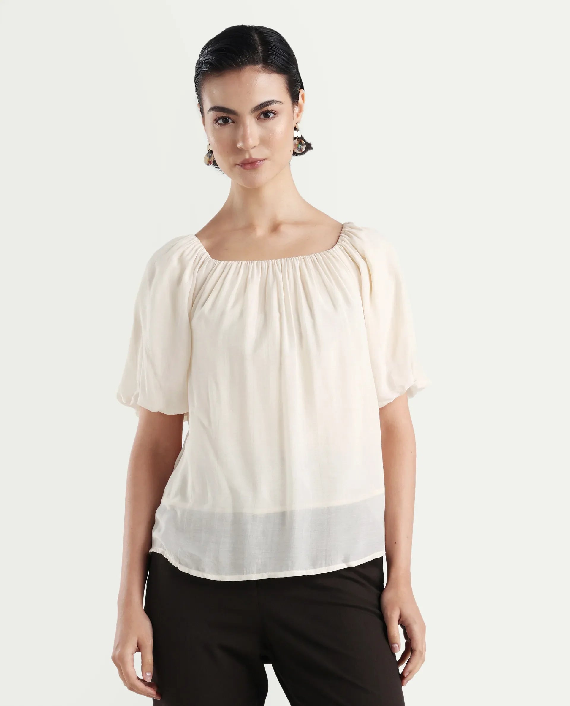 Rareism Women's Yelan Beige Square Neck Plain Balloon Sleeve Relaxed Fit Top