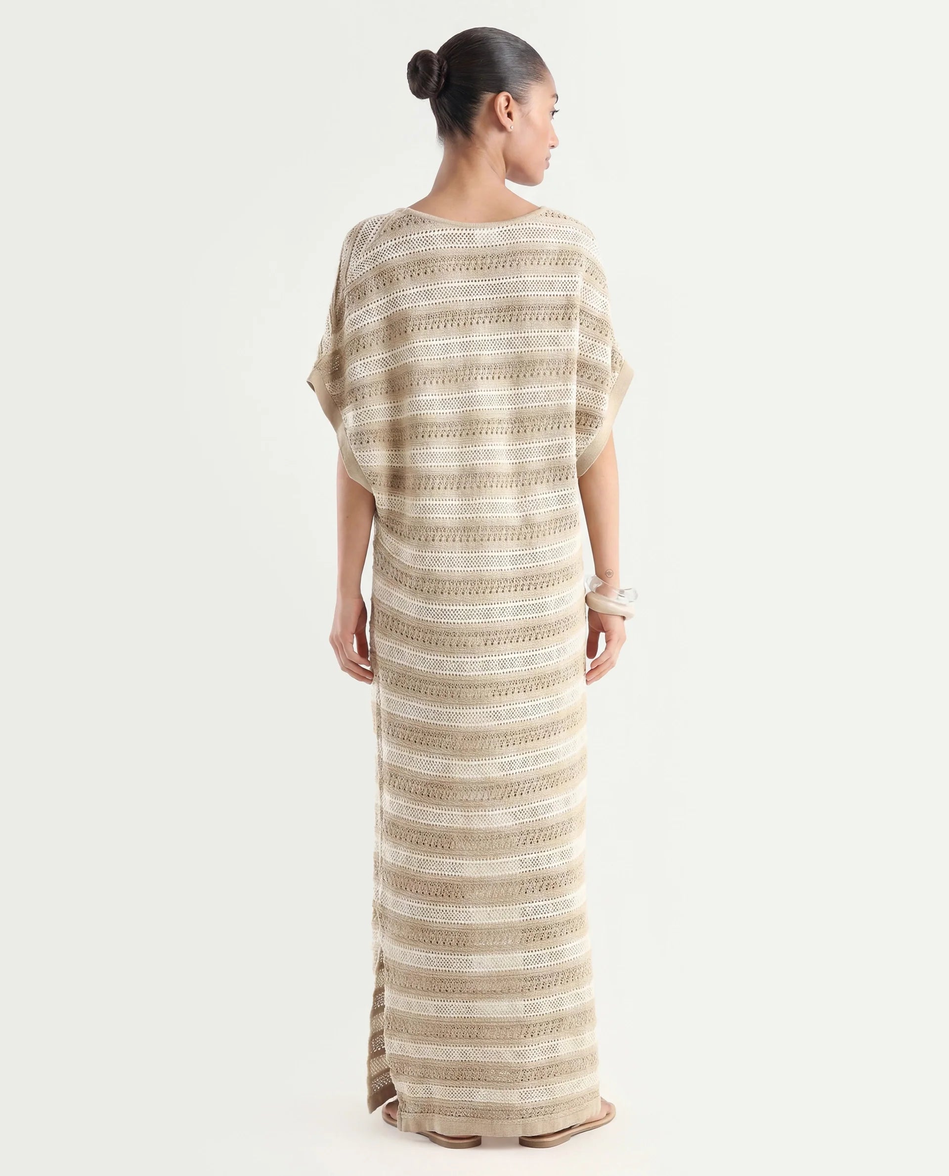 Rareism Women's Haraya Beige Cotton V-Neck Striped Extended Sleeves Maxi Relaxed Fit Dress