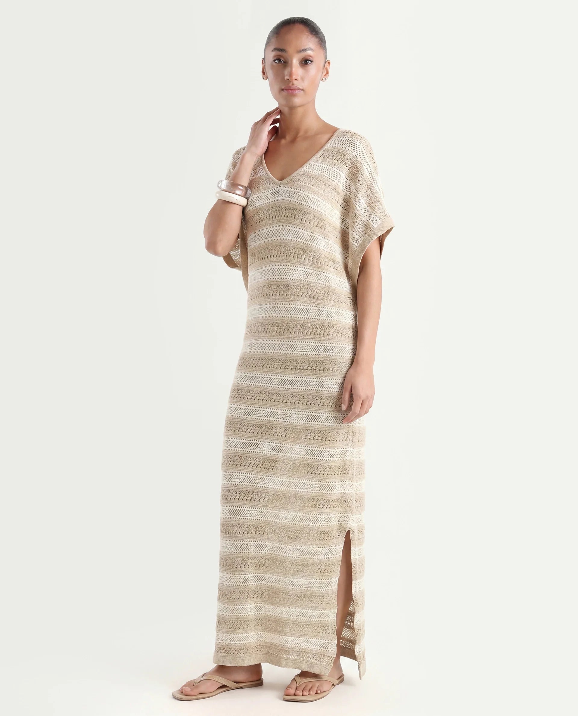 Rareism Women's Haraya Beige Cotton V-Neck Striped Extended Sleeves Maxi Relaxed Fit Dress