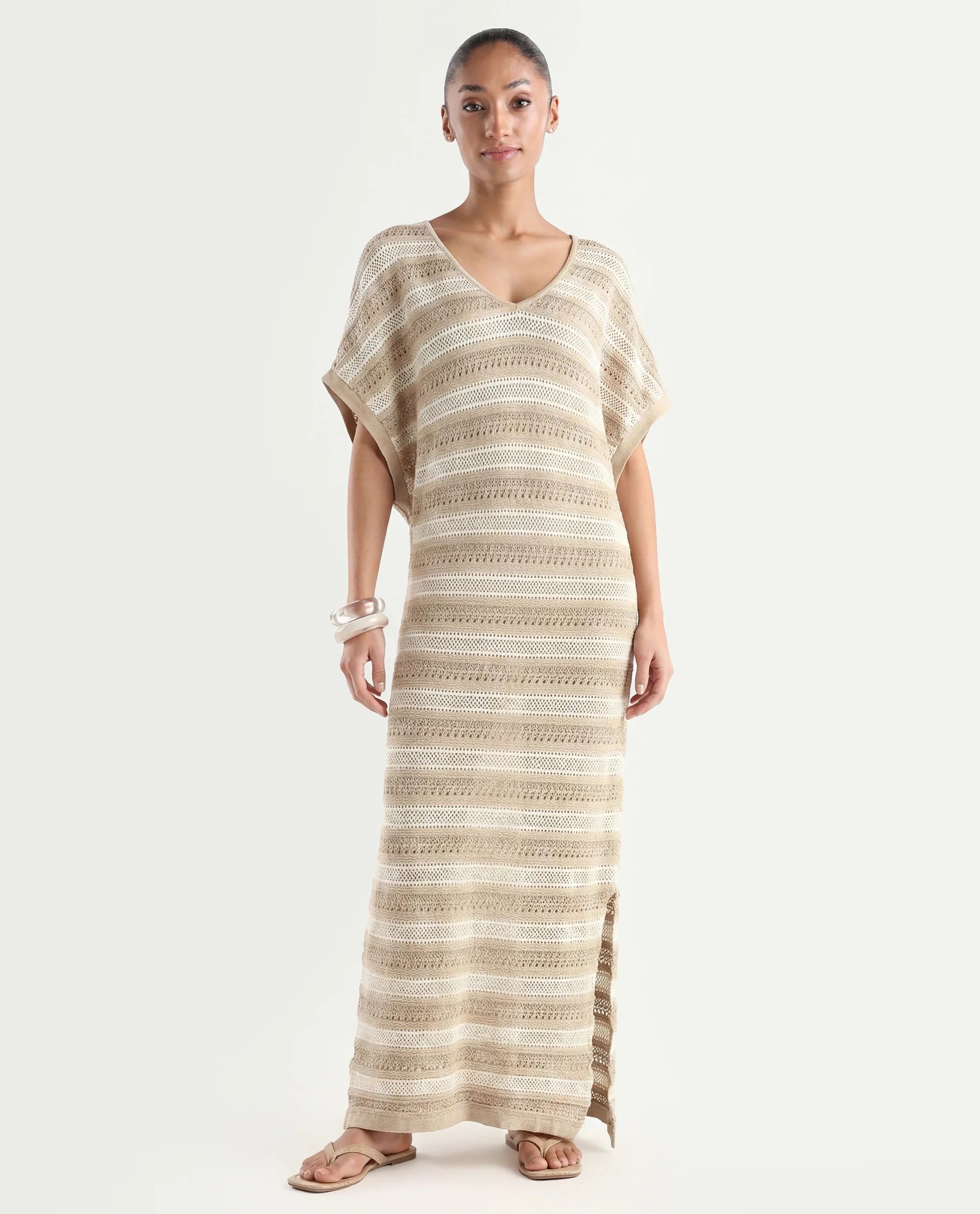 Rareism Women's Haraya Beige Cotton V-Neck Striped Extended Sleeves Maxi Relaxed Fit Dress