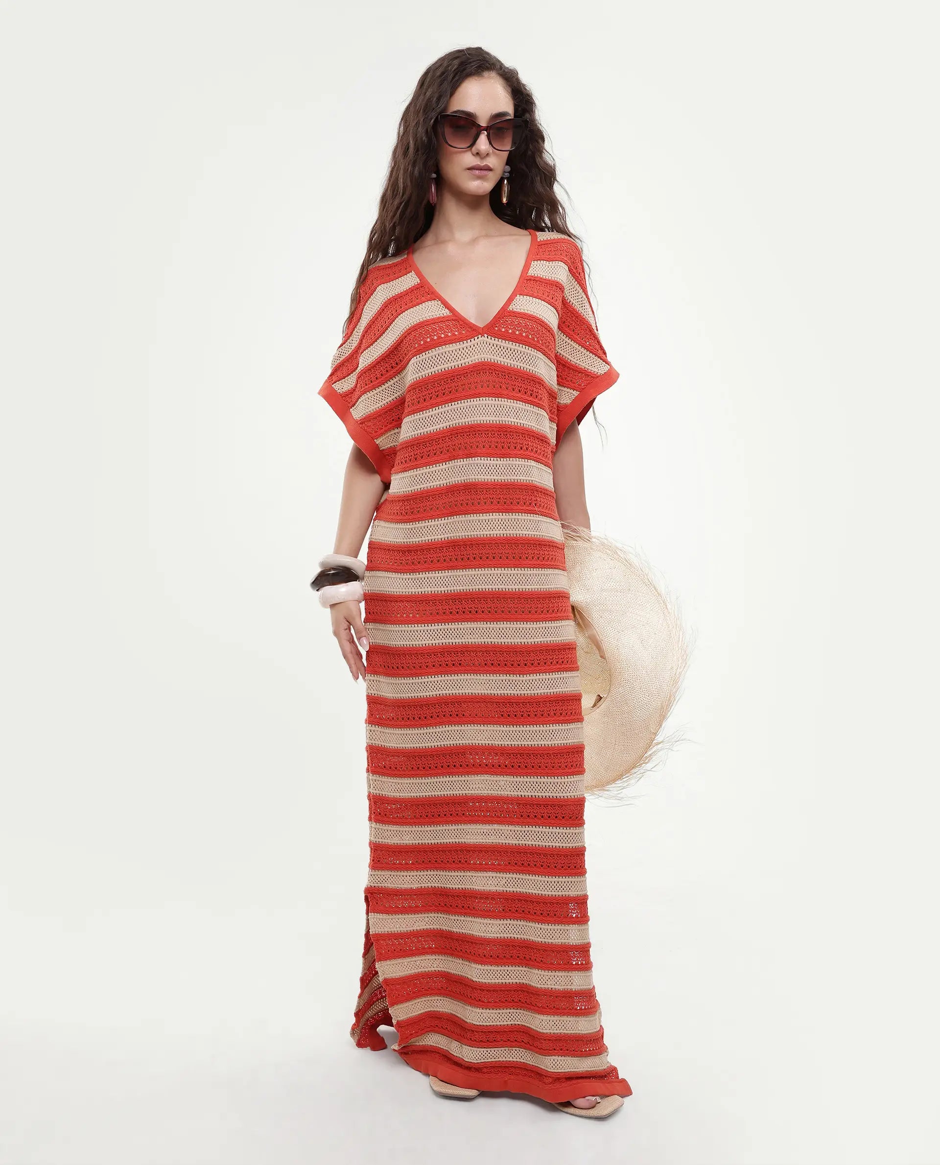 Rareism Women's Haraya Orange Cotton V-Neck Striped Extended Sleeves Maxi Relaxed Fit Dress