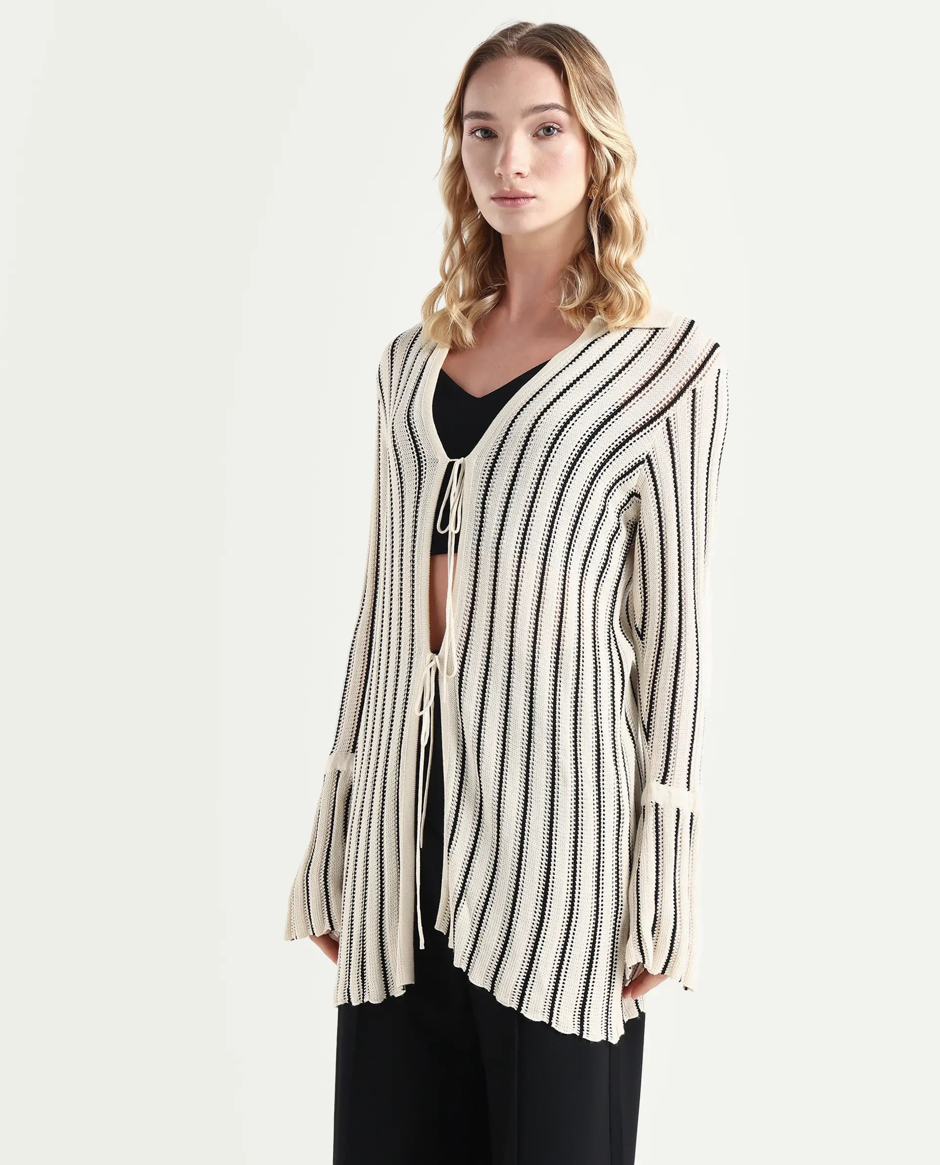 Rareism Women's Kentya White Viscose Johnny Collar Striped Regular Fit Shrug