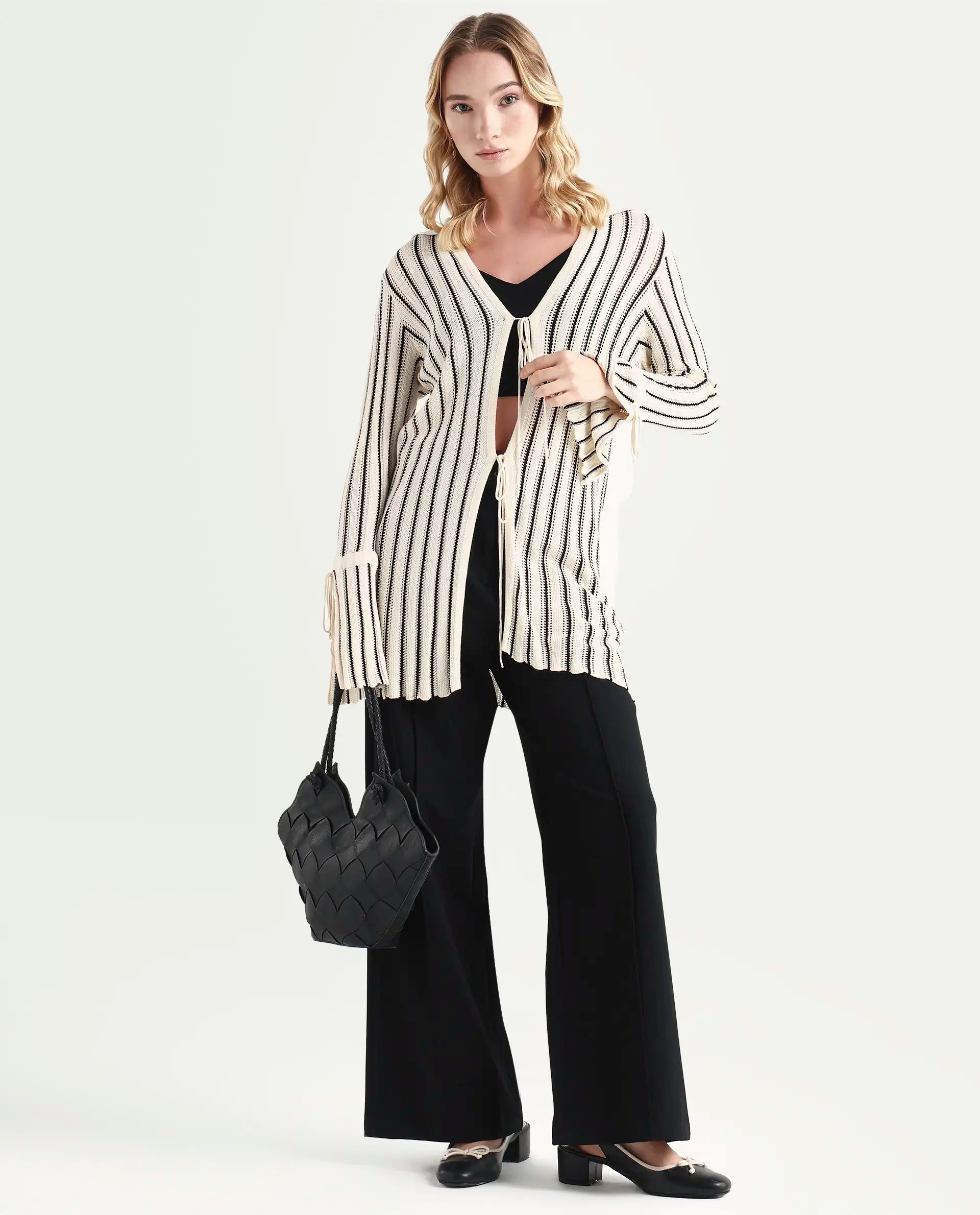 Rareism Women's Kentya White Viscose Johnny Collar Striped Regular Fit Shrug