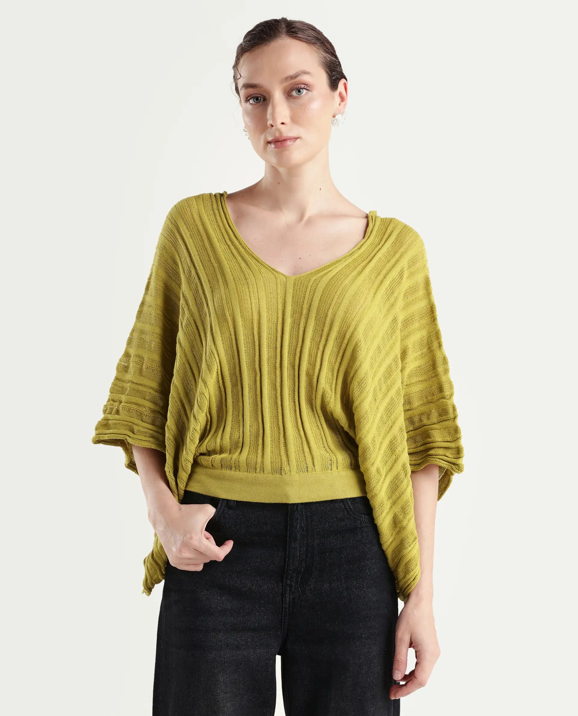 Rareism Women's Marida Olive Cotton V-Neck Plain Extended Sleeves Relaxed Fit Top