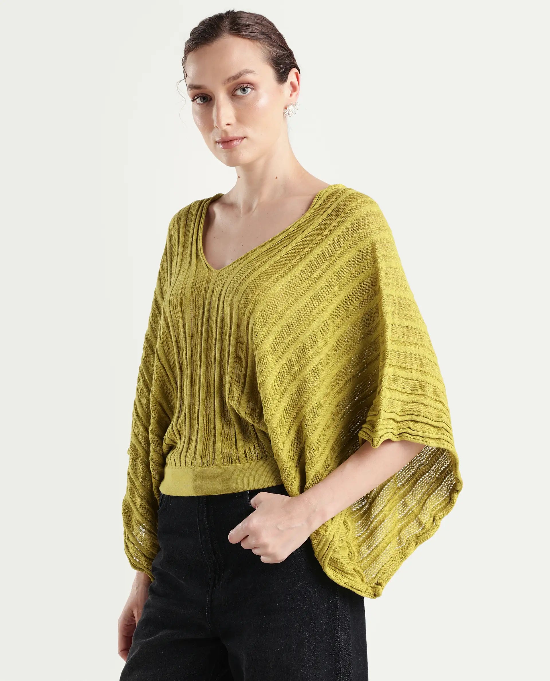 Rareism Women's Marida Olive Cotton V-Neck Plain Extended Sleeves Relaxed Fit Top