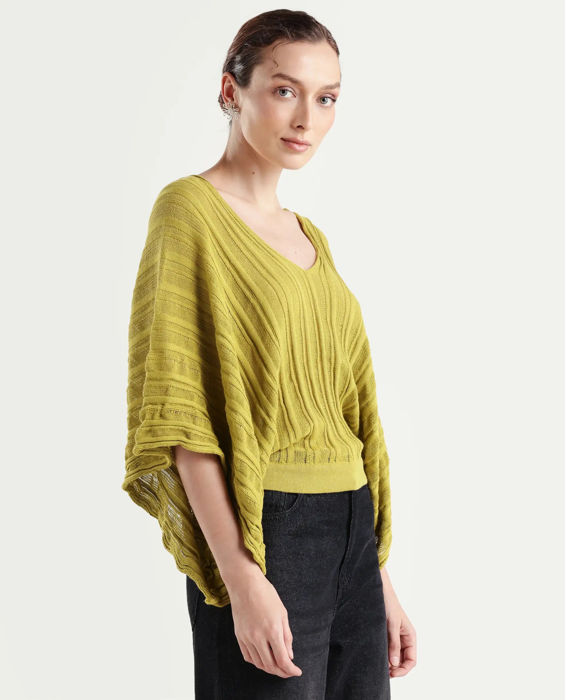 Rareism Women's Marida Olive Cotton V-Neck Plain Extended Sleeves Relaxed Fit Top