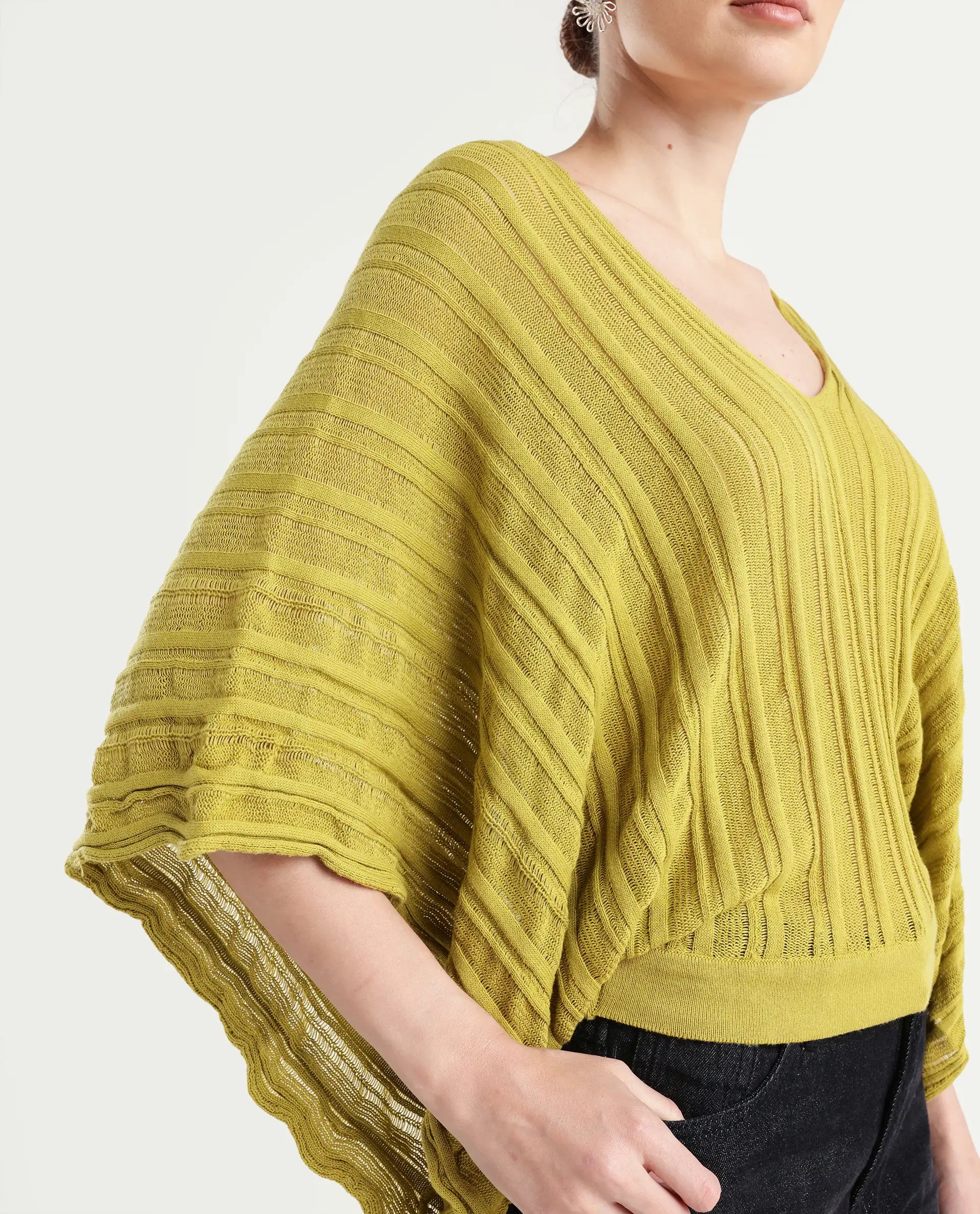 Rareism Women's Marida Olive Cotton V-Neck Plain Extended Sleeves Relaxed Fit Top