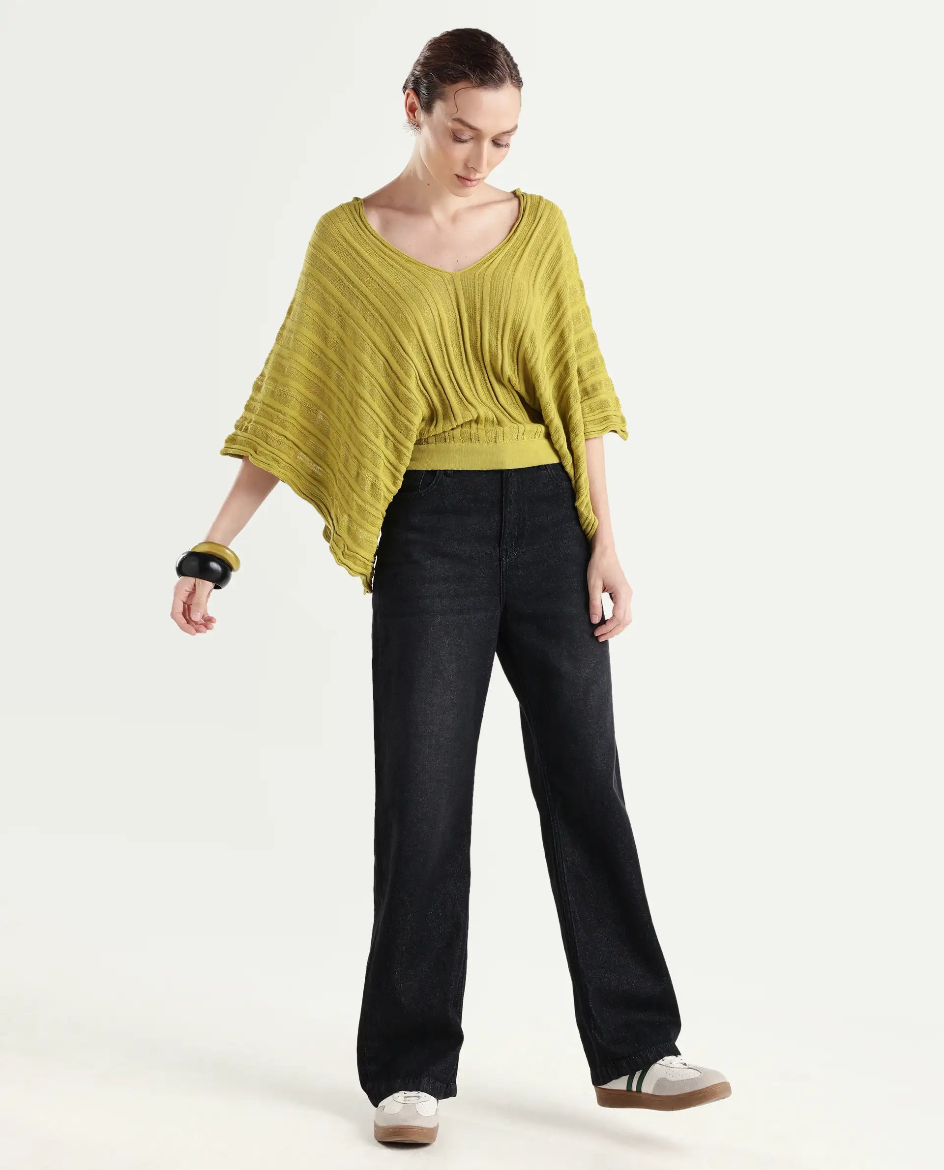 Rareism Women's Marida Olive Cotton V-Neck Plain Extended Sleeves Relaxed Fit Top