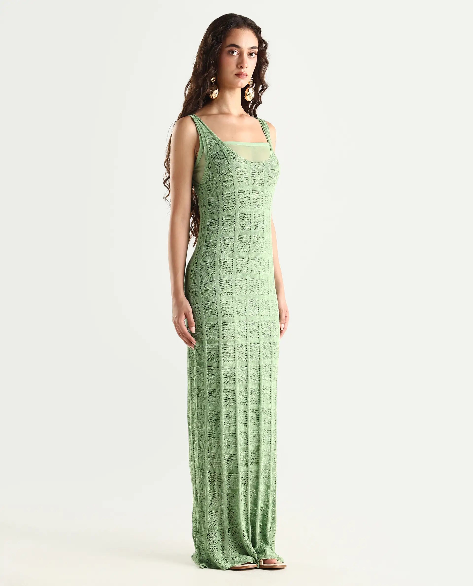 Rareism Women's Majoka Pastel Green Viscose U-Neck Plain Sleeveless Maxi Bodycon Dress