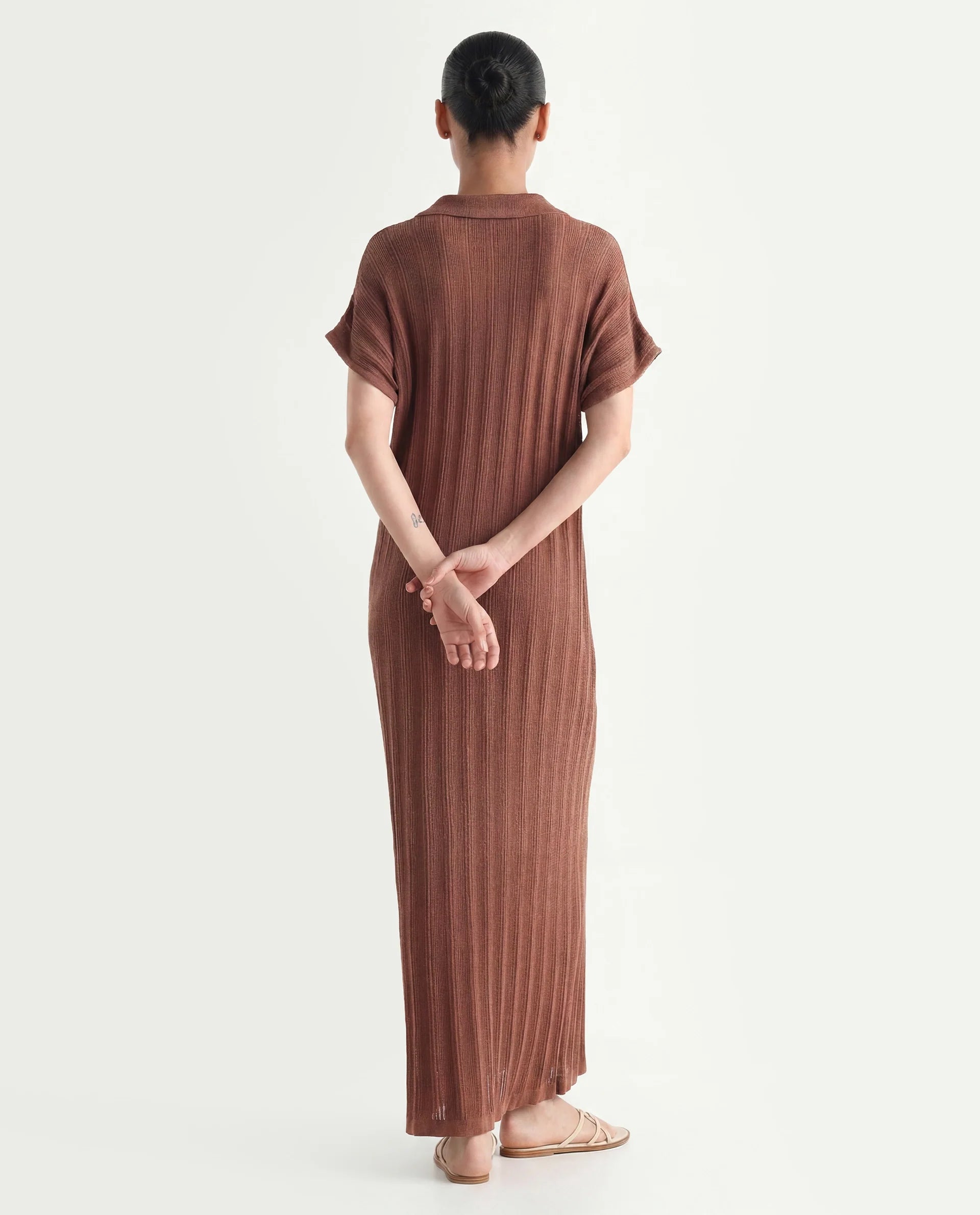 Rareism Women's Meyora Brown Cotton V-Neck Striped Maxi Relaxed Fit Dress