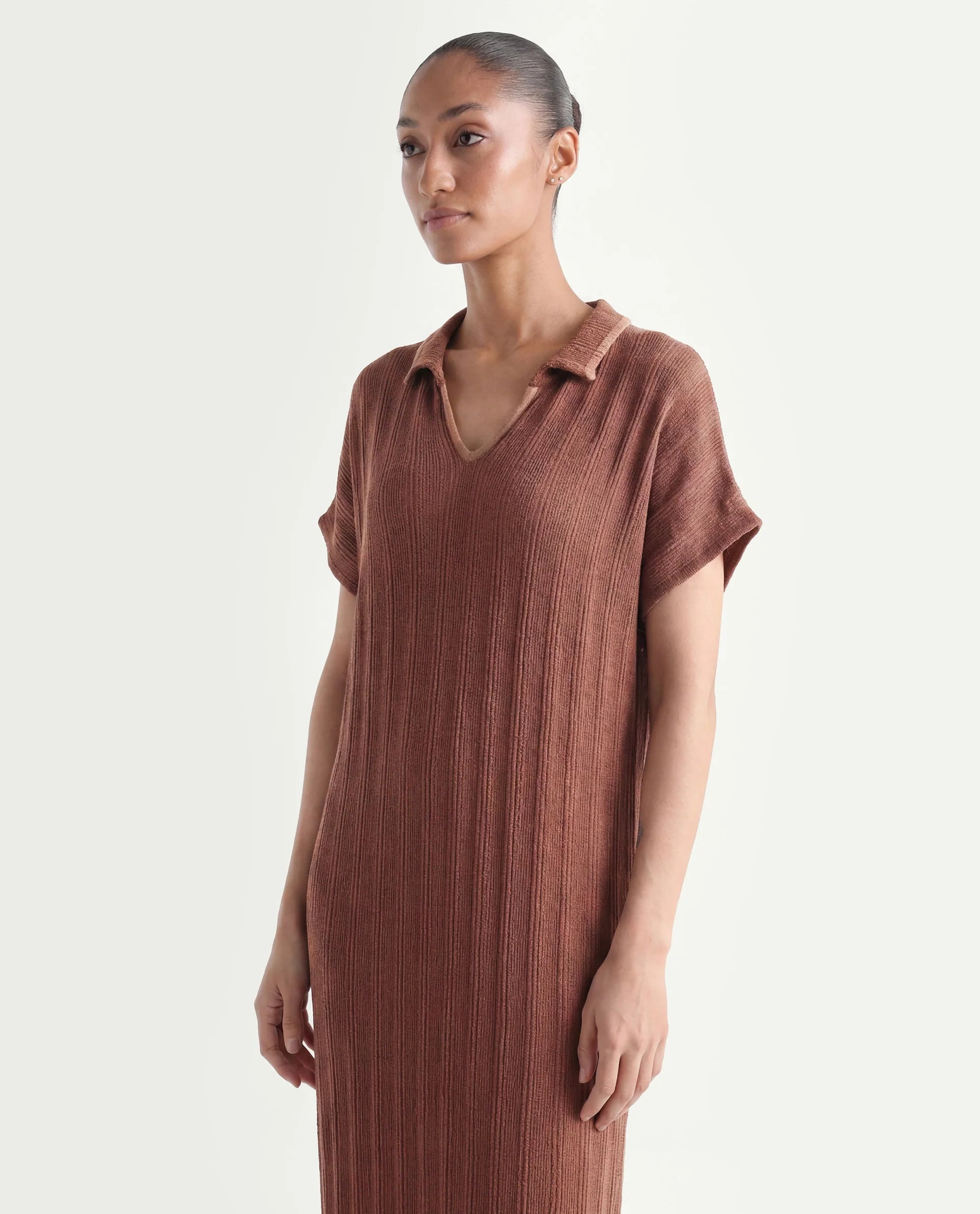 Rareism Women's Meyora Brown Cotton V-Neck Striped Maxi Relaxed Fit Dress