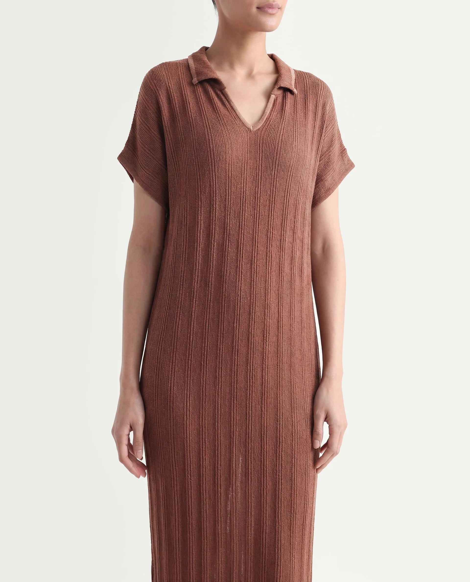 Rareism Women's Meyora Brown Cotton V-Neck Striped Maxi Relaxed Fit Dress