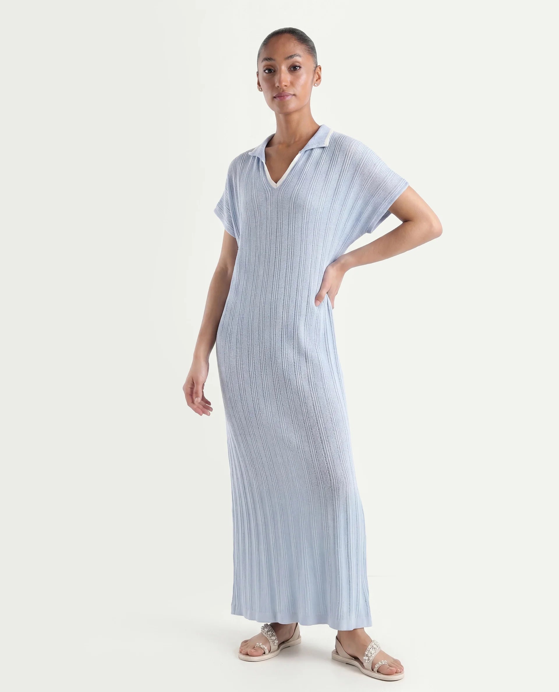 Rareism Women's Meyora Light Blue Cotton Johnny Collar Plain Extended Sleeves Maxi Bodycon Dress