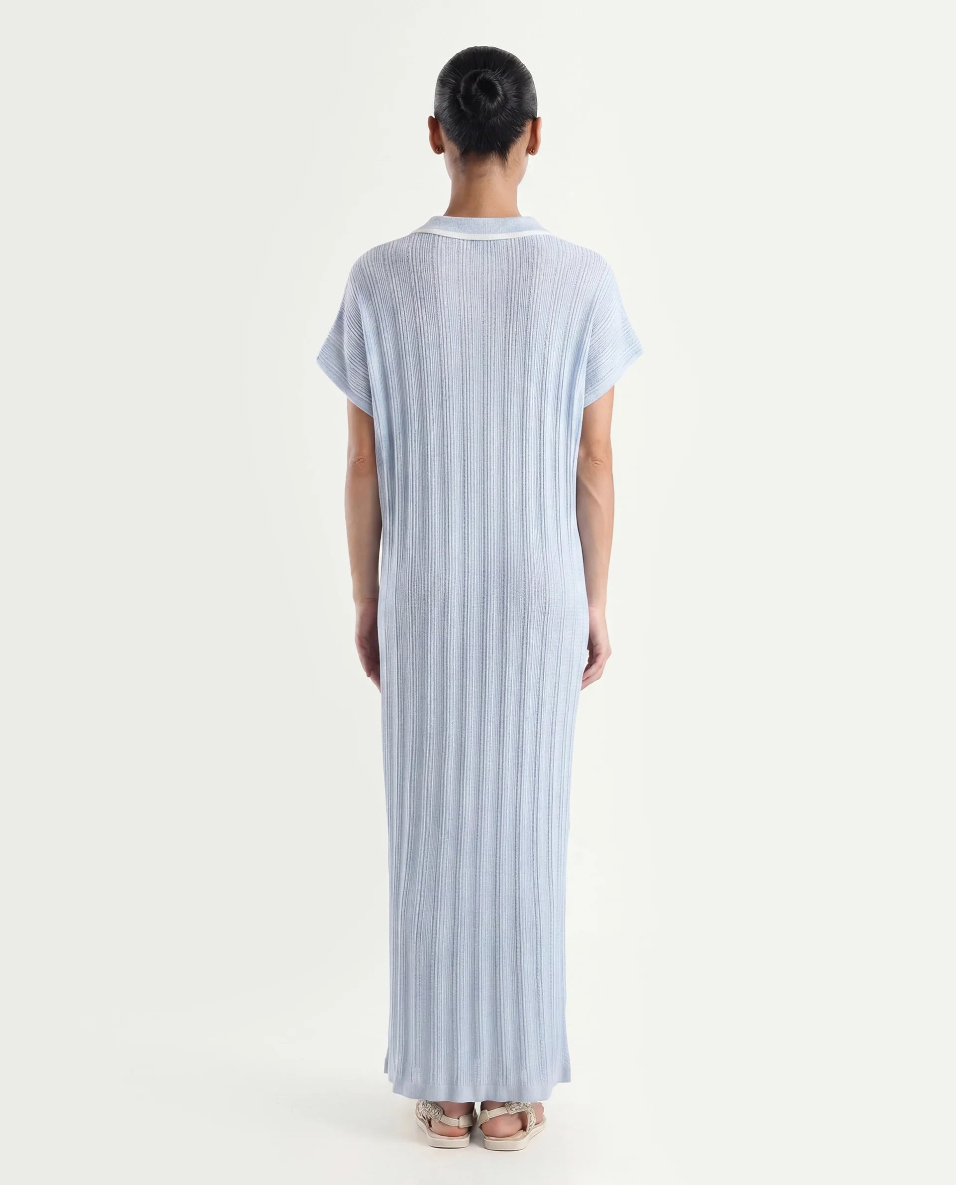 Rareism Women's Meyora Light Blue Cotton Johnny Collar Plain Extended Sleeves Maxi Bodycon Dress