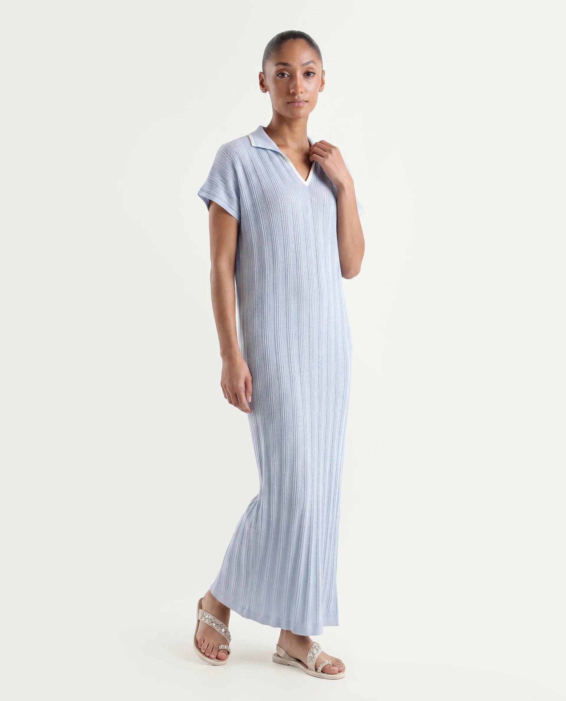 Rareism Women's Meyora Light Blue Cotton Johnny Collar Plain Extended Sleeves Maxi Bodycon Dress