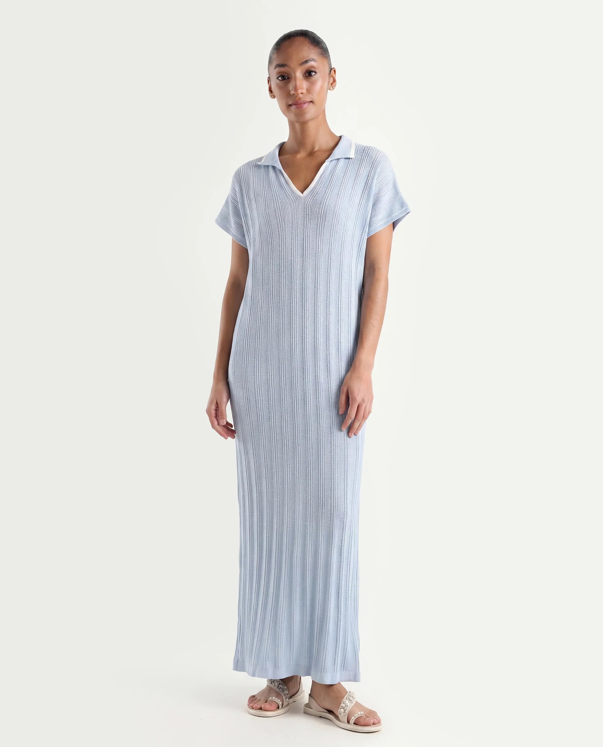 Rareism Women's Meyora Light Blue Cotton Johnny Collar Plain Extended Sleeves Maxi Bodycon Dress