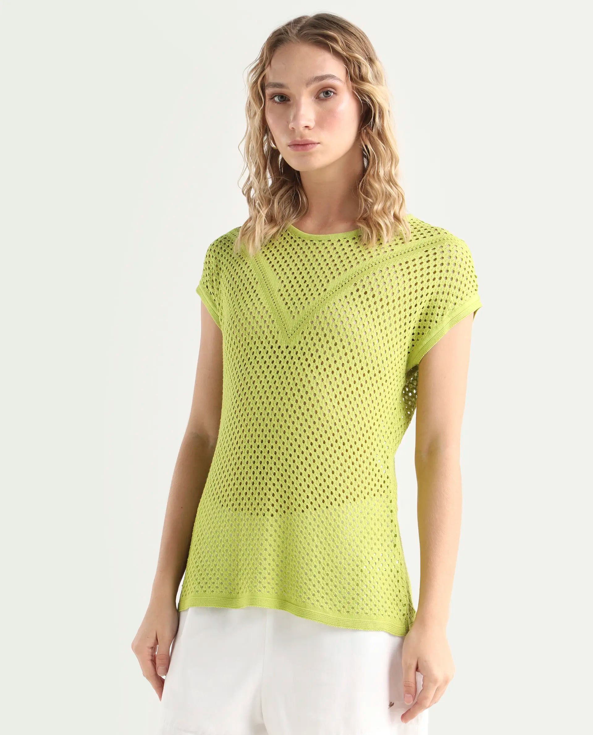 Rareism Women's Totoro Flouroscent Green Cotton Crew Neck Plain Extended Sleeves Relaxed Fit Top