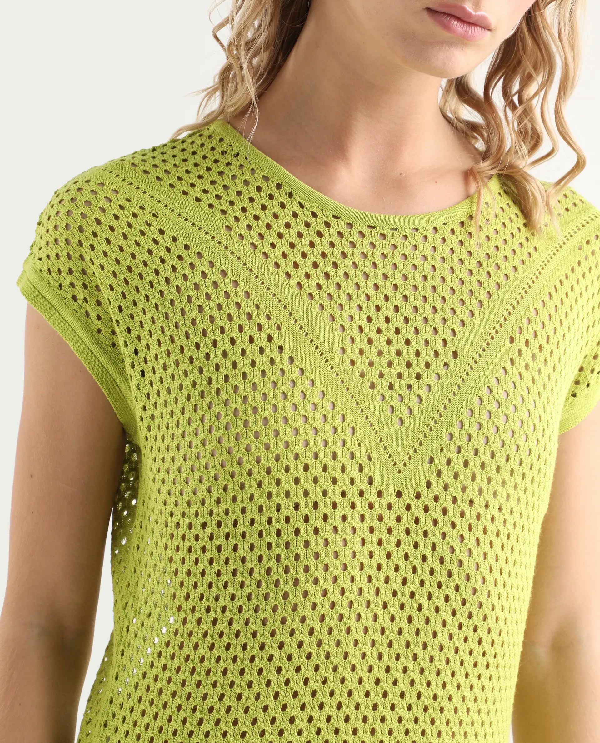 Rareism Women's Totoro Flouroscent Green Cotton Crew Neck Plain Extended Sleeves Relaxed Fit Top