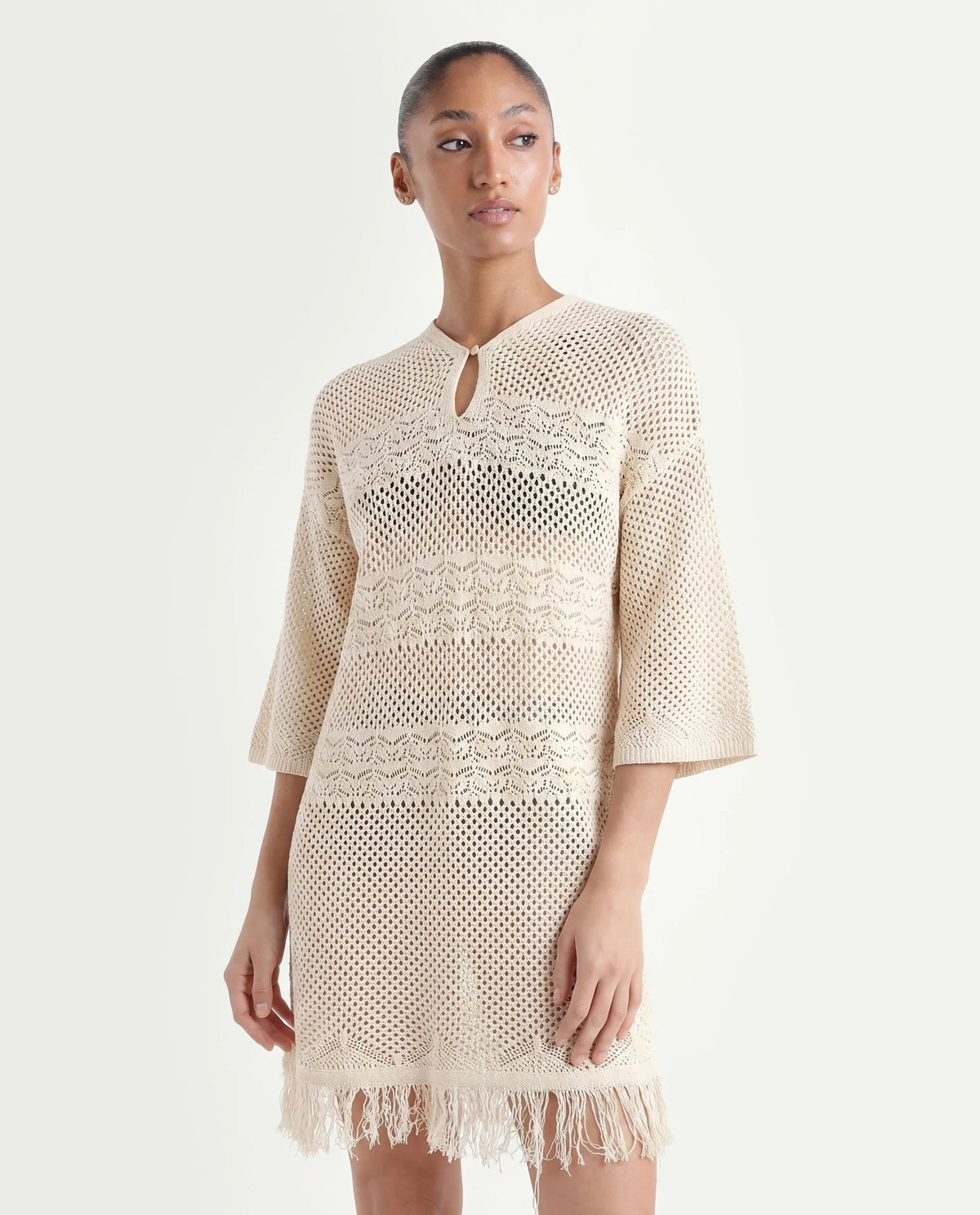 Rareism Women's Mitsuko Off White Cotton Key Hole Neck Plain Knee Length Relaxed Fit Dress