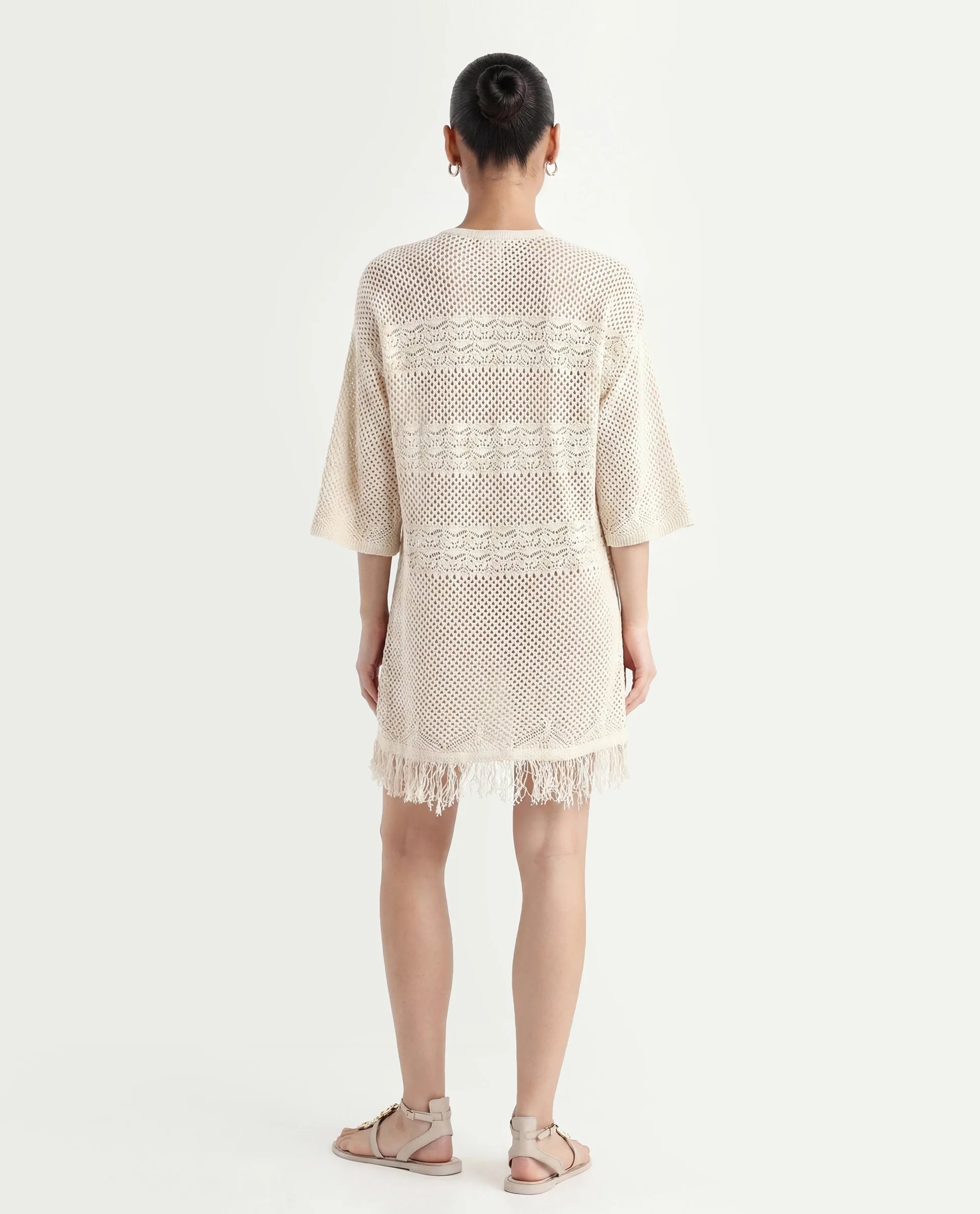 Rareism Women's Mitsuko Off White Cotton Key Hole Neck Plain Knee Length Relaxed Fit Dress