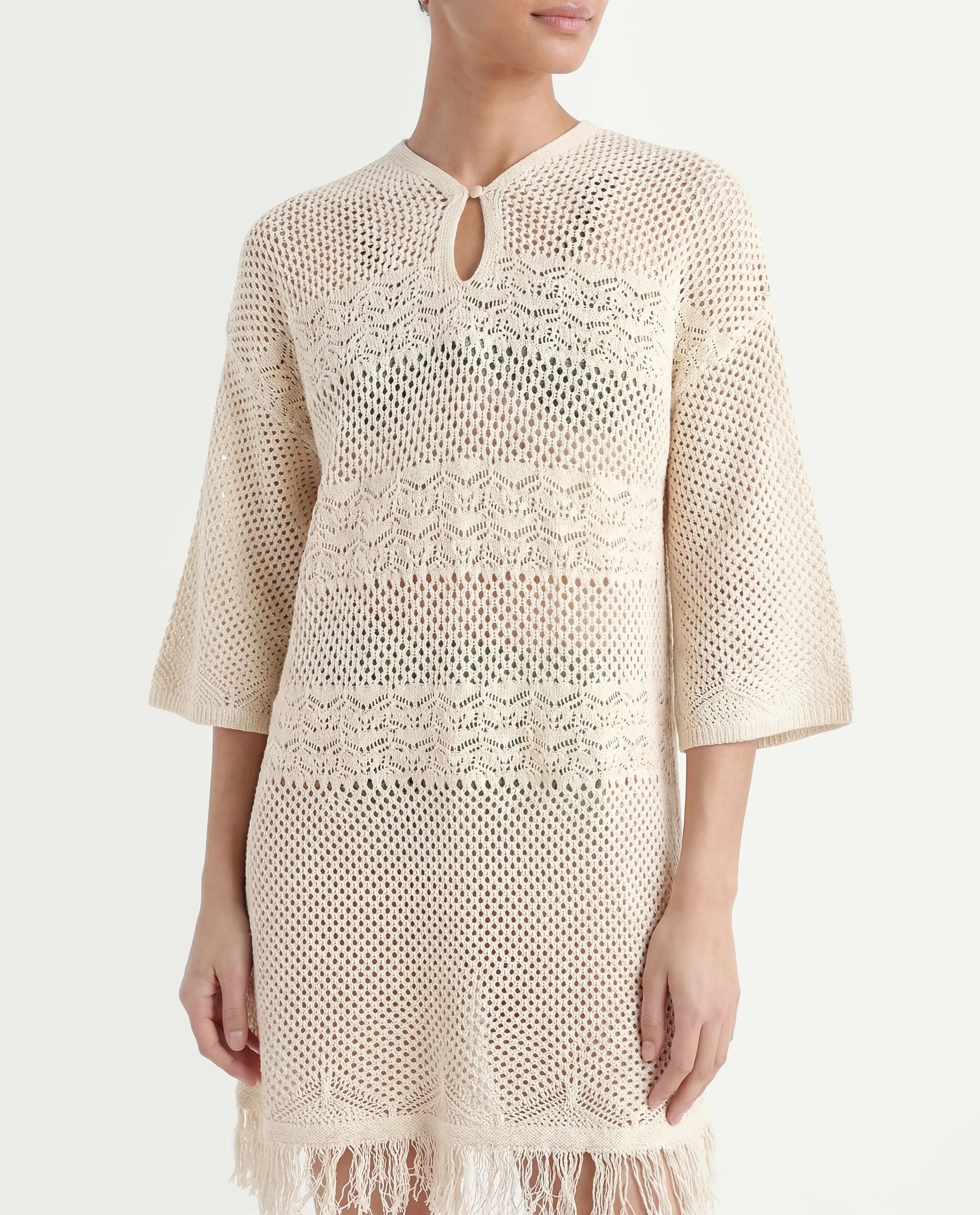 Rareism Women's Mitsuko Off White Cotton Key Hole Neck Plain Knee Length Relaxed Fit Dress