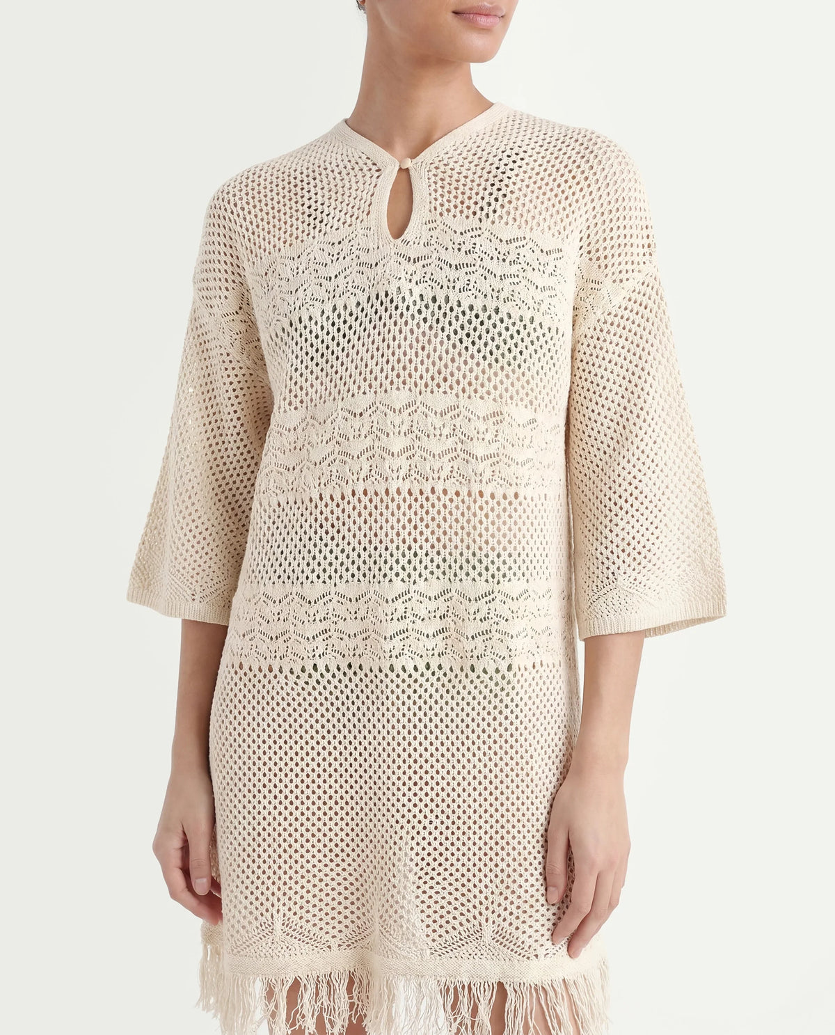 Rareism Women's Mitsuko Off White Cotton Key Hole Neck Plain Knee Length Relaxed Fit Dress