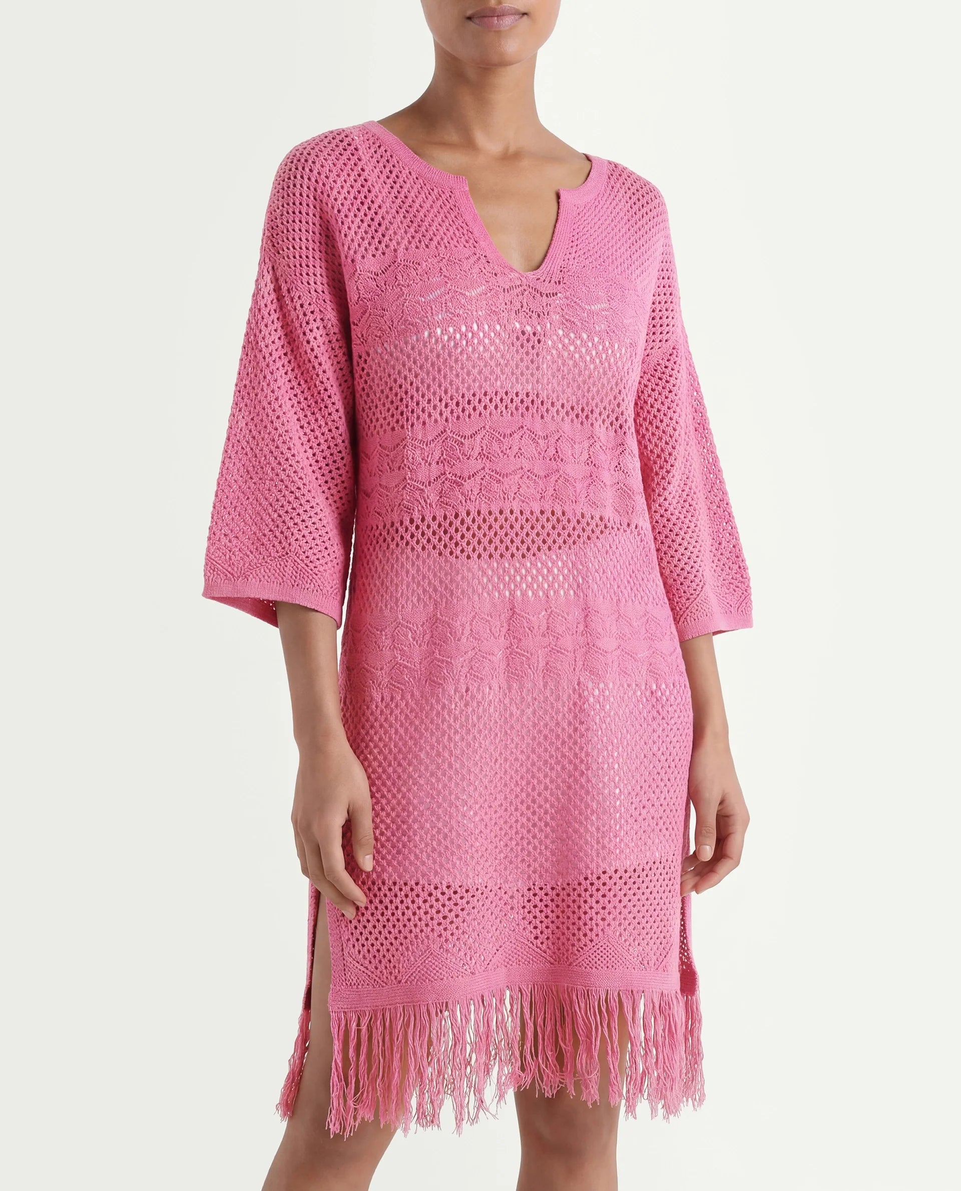 Rareism Women's Mitsuko Pink Cotton Key Hole Neck Plain Knee Length Relaxed Fit Dress