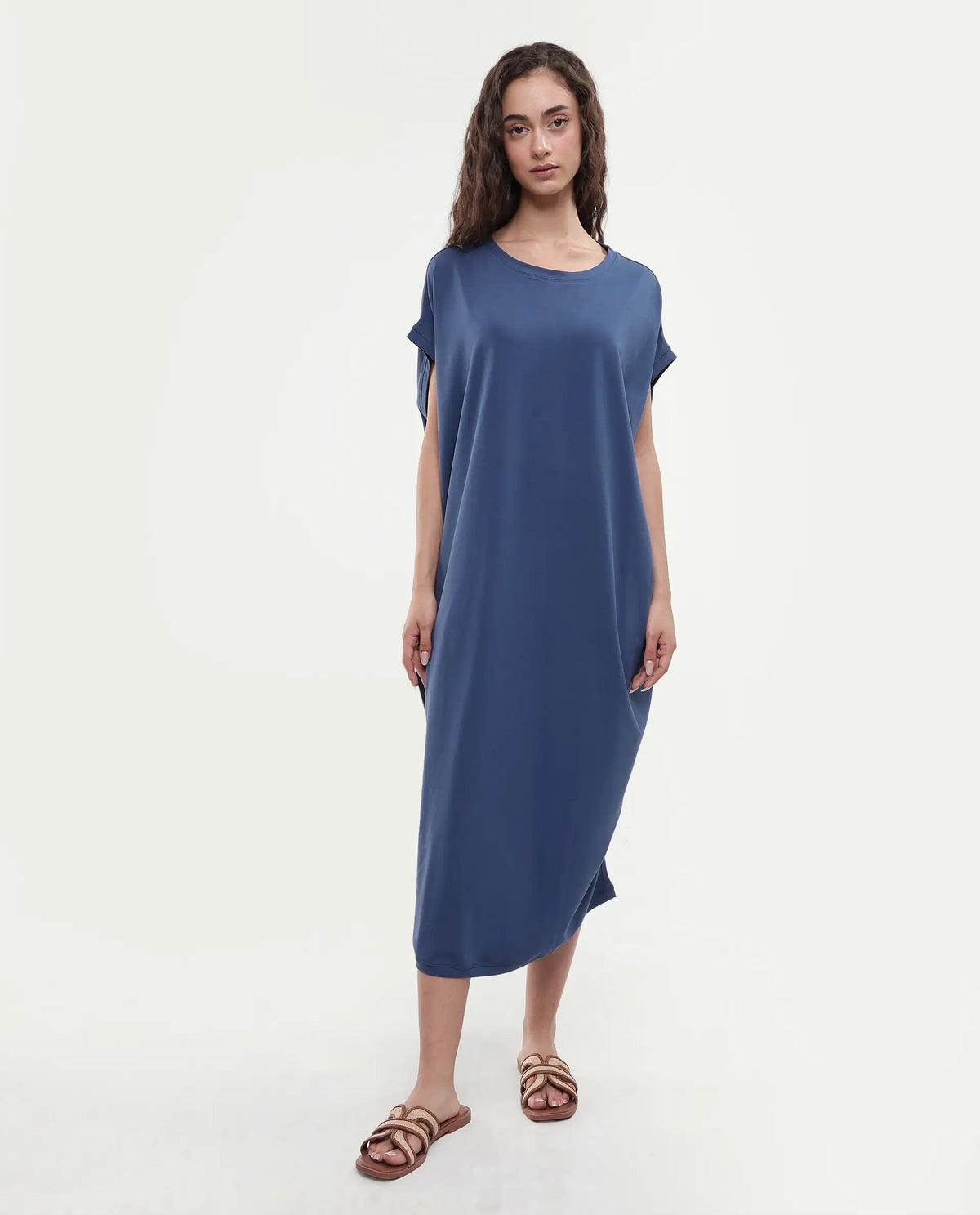 Rareism Women's Siriyo Dark Blue Cotton Crew Neck Plain Extended Sleeves Maxi Relaxed Fit Dress