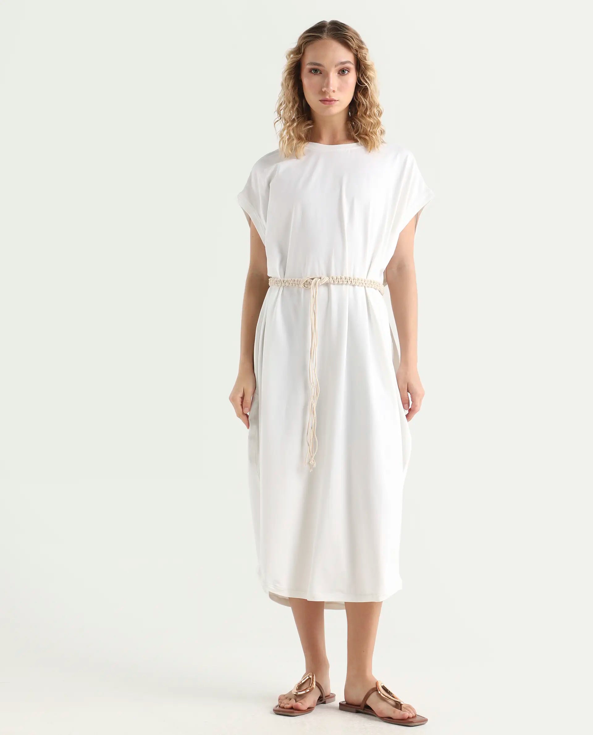 Rareism Women's Siriyo Off White Cotton Crew Neck Plain Extended Sleeves Midi Relaxed Fit Dress