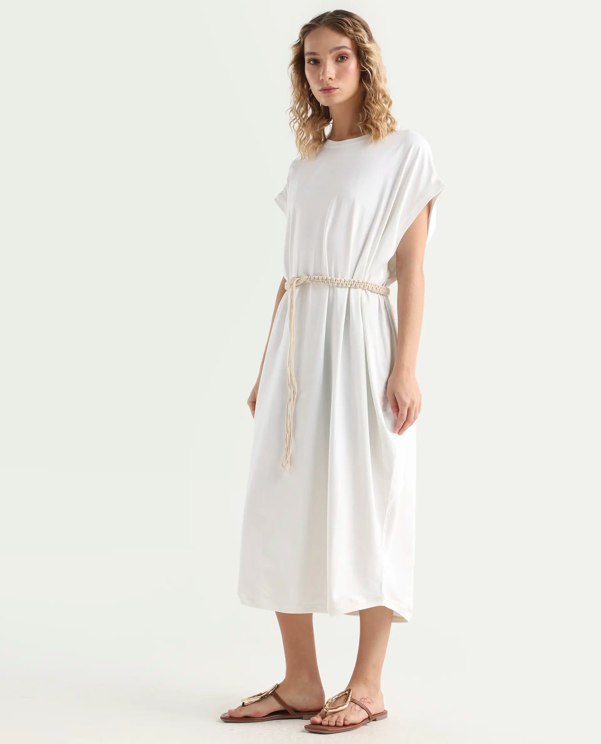 Rareism Women's Siriyo Off White Cotton Crew Neck Plain Extended Sleeves Midi Relaxed Fit Dress