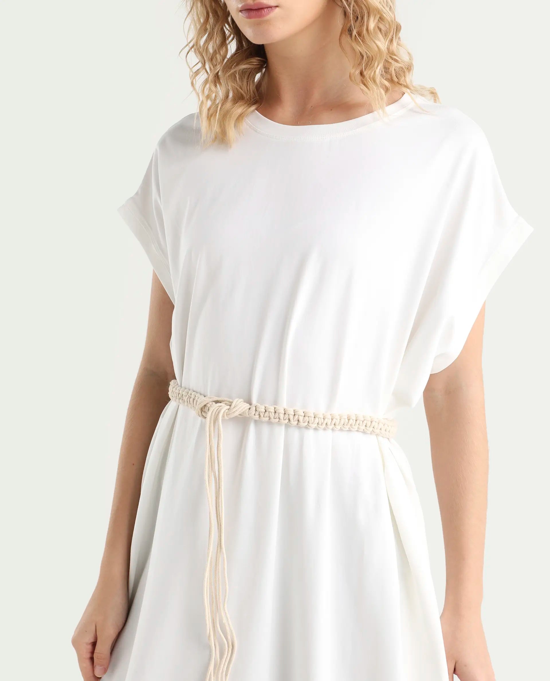 Rareism Women's Siriyo Off White Cotton Crew Neck Plain Extended Sleeves Midi Relaxed Fit Dress