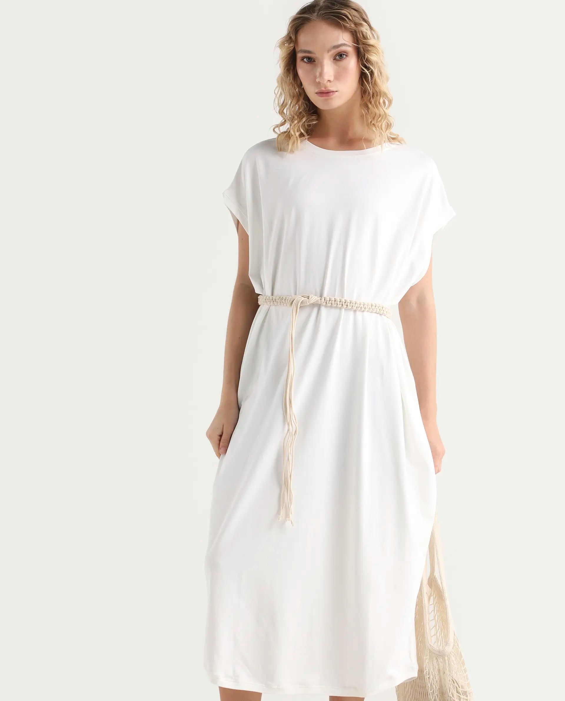 Rareism Women's Siriyo Off White Cotton Crew Neck Plain Extended Sleeves Midi Relaxed Fit Dress