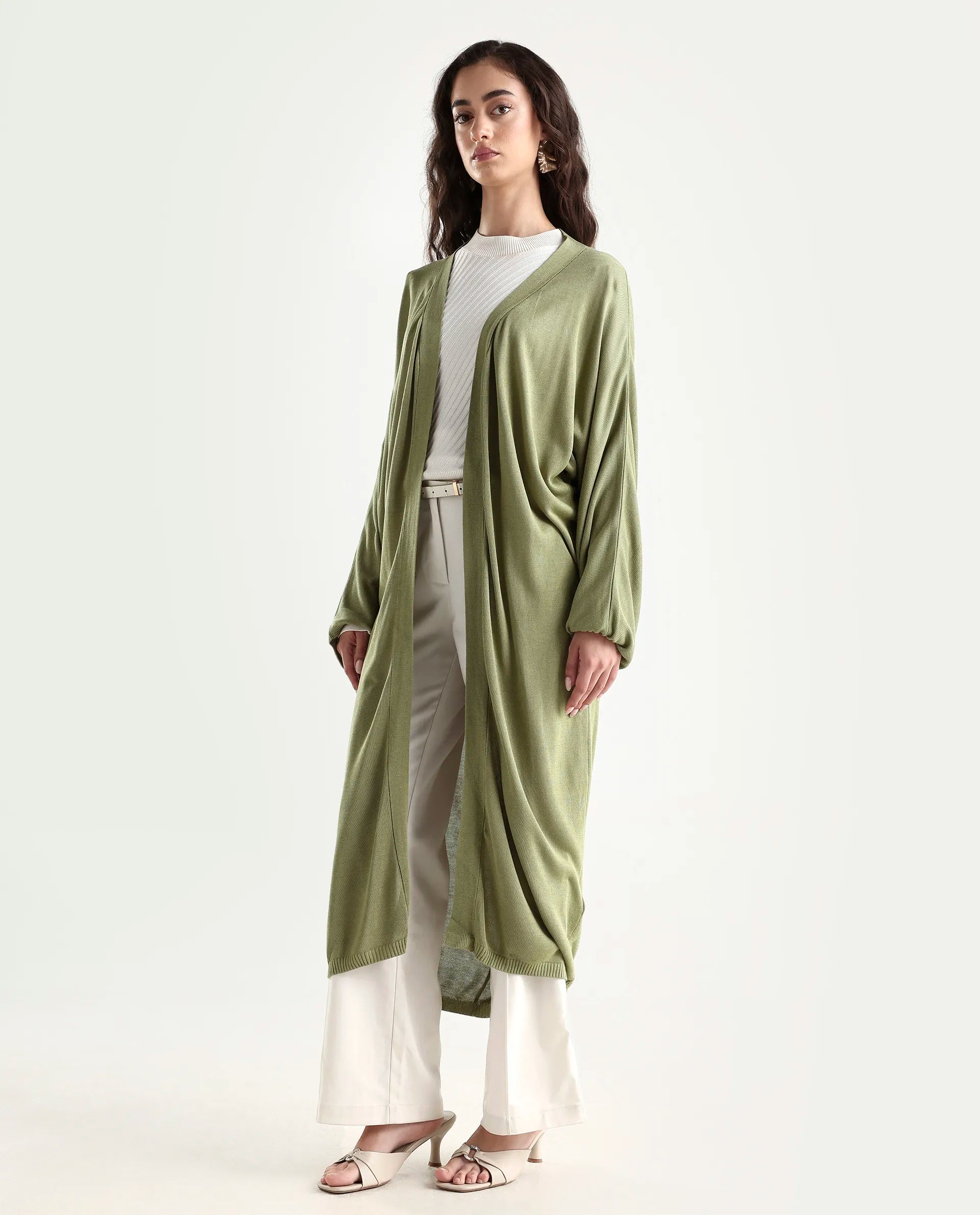 Rareism Women's Keya Pastel Green Cotton Collarless Plain Extended Sleeves Midi Relaxed Fit Shrug