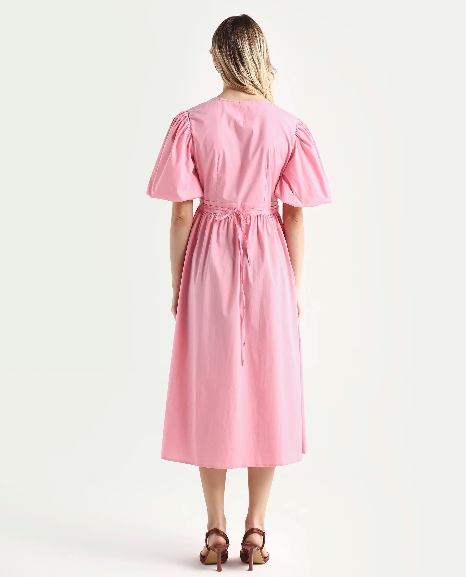 Rareism Women's Aleo Light Pink Polyester Blend Overlap Neck Plain Balloon Sleeve Maxi Fit And Flare Dress
