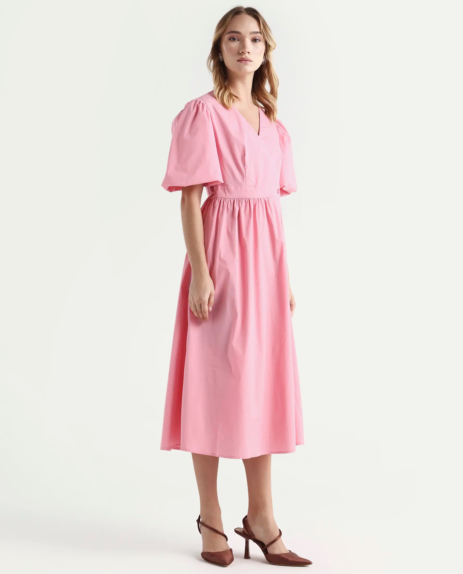 Rareism Women's Aleo Light Pink Polyester Blend Overlap Neck Plain Balloon Sleeve Maxi Fit And Flare Dress