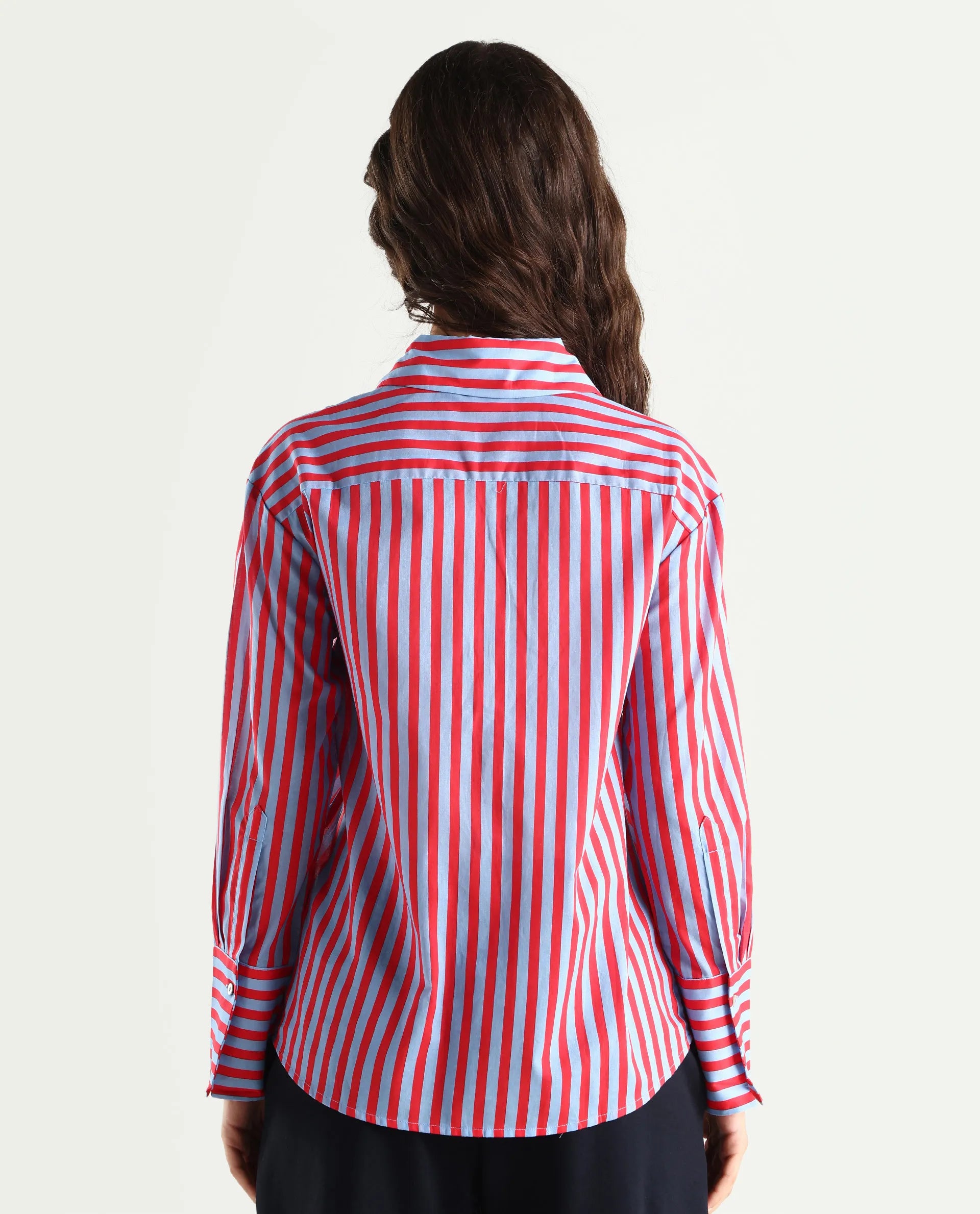 Rareism Women's Masha Blue Drop Collar Striped Cuffed Sleeve Regular Fit Top